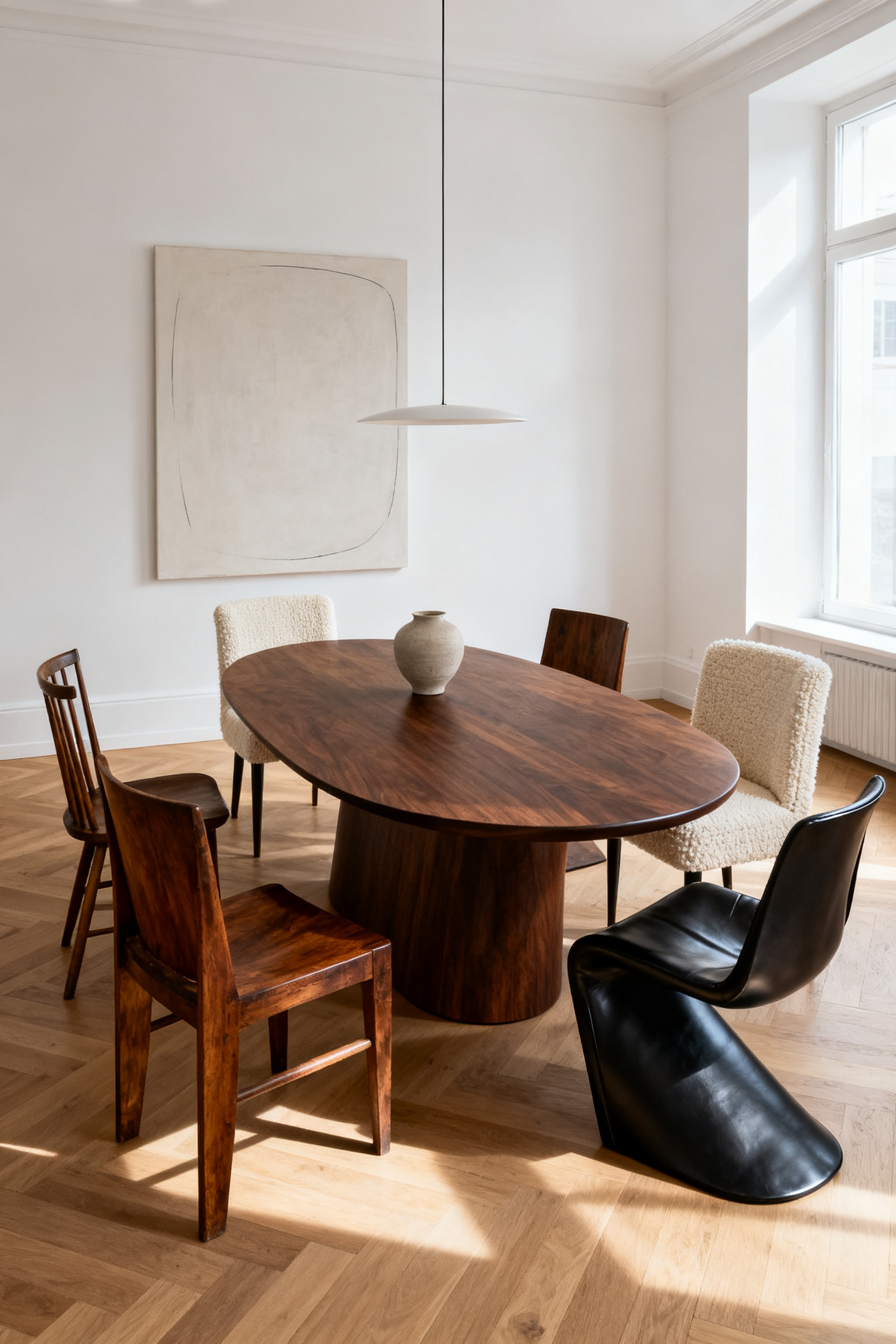 A highly curated modern dining room showcasing an eclectic blend of furniture eras, featuring a matte dark walnut sculptural table paired with intentionally mismatched vintage and contemporary dining chairs.