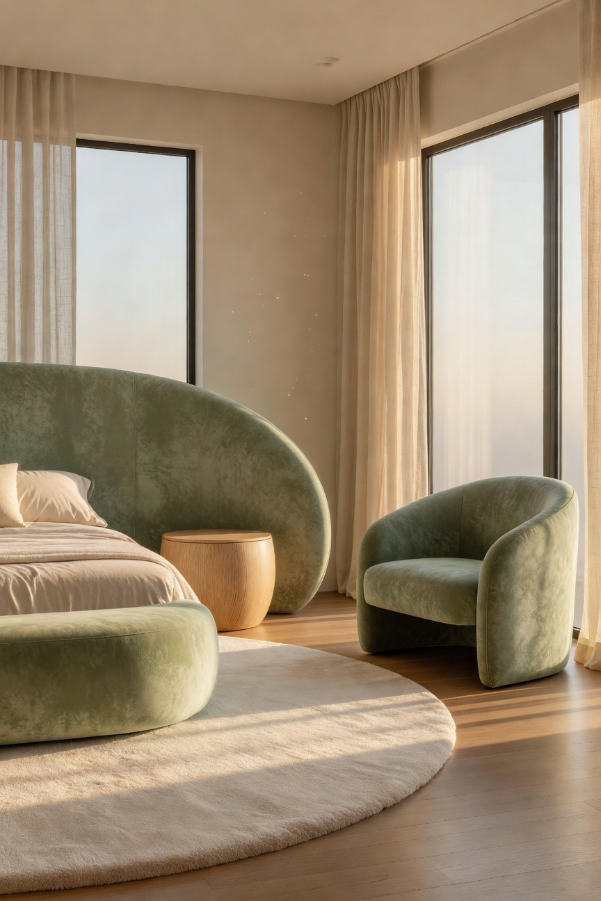 A modern bedroom featuring a soft curved headboard and rounded furniture to balance sharp architectural angles.