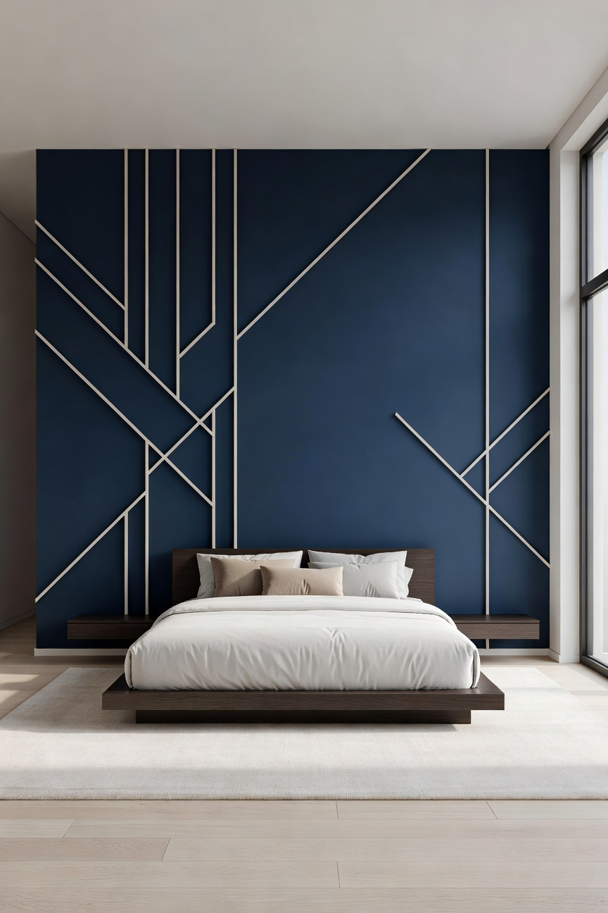 A modern bedroom with a navy blue accent wall featuring an asymmetrical geometric molding design and a minimalist platform bed.