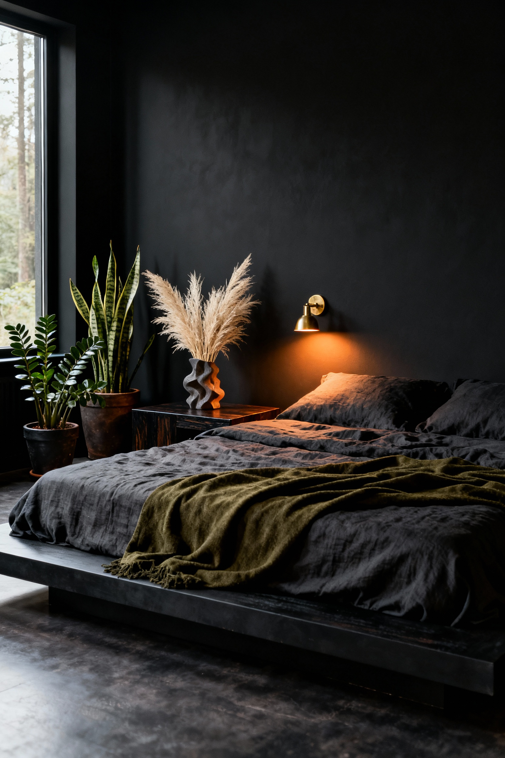 A sophisticated matte black bedroom utilizing Dark Biophilia design, featuring deep charcoal linen bedding, ebonized wood furniture, and sculptural arrangements of dried florals mixed with deep green potted foliage creating a grounding sanctuary.