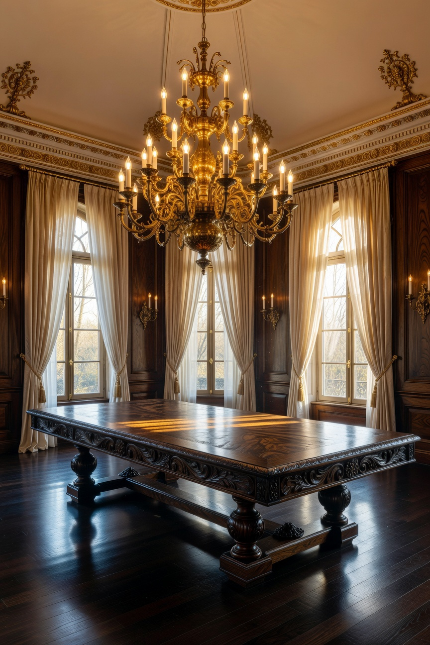 A high-end dining room showcasing a large carved dining room table paired with a heavy brass statement chandelier to illustrate perfect scale and proportion.