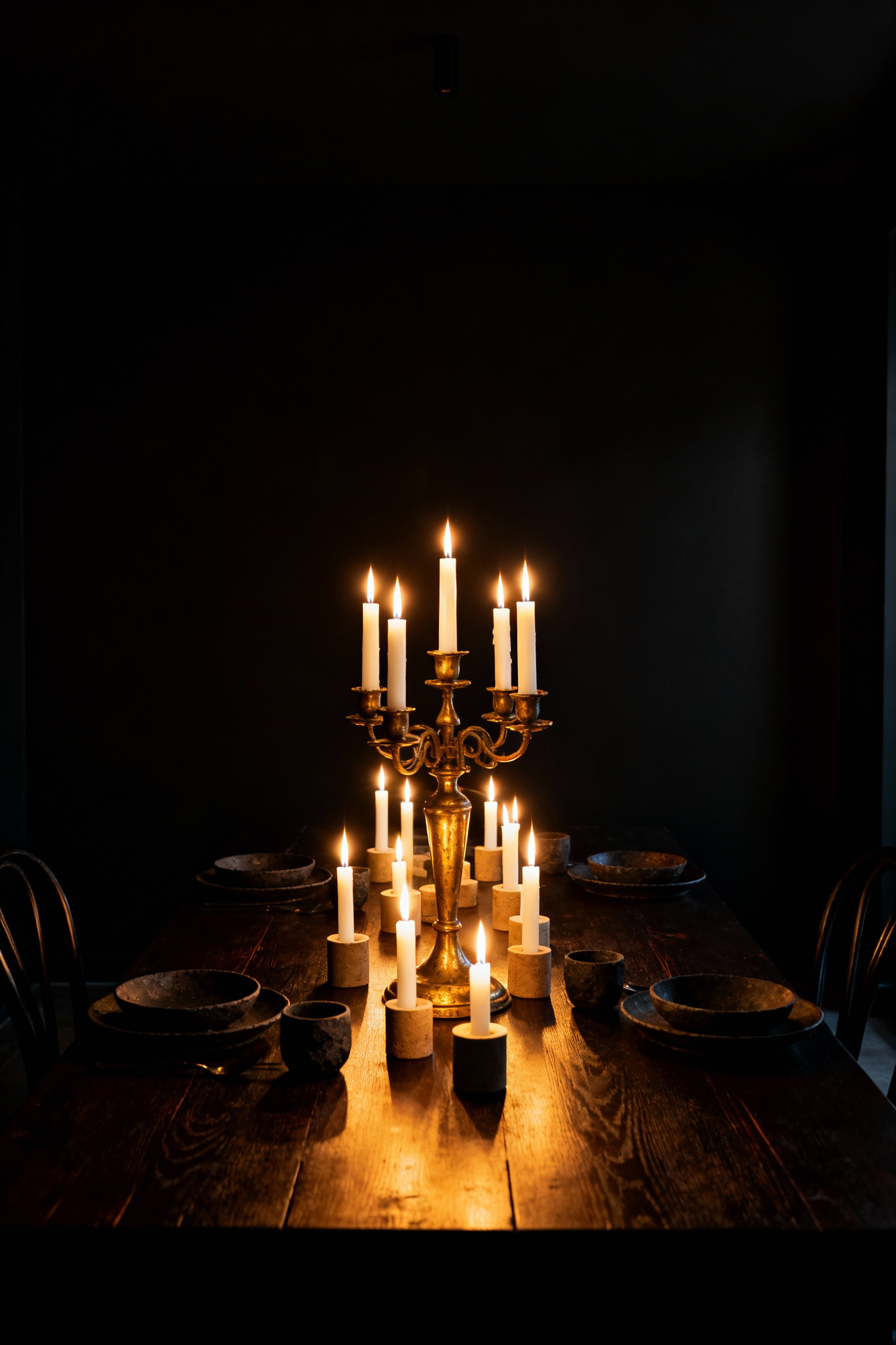 Dramatic photograph of a formal dining room featuring matte black walls and a long table illuminated solely by the golden light of multiple lit candelabras and taper candles.
