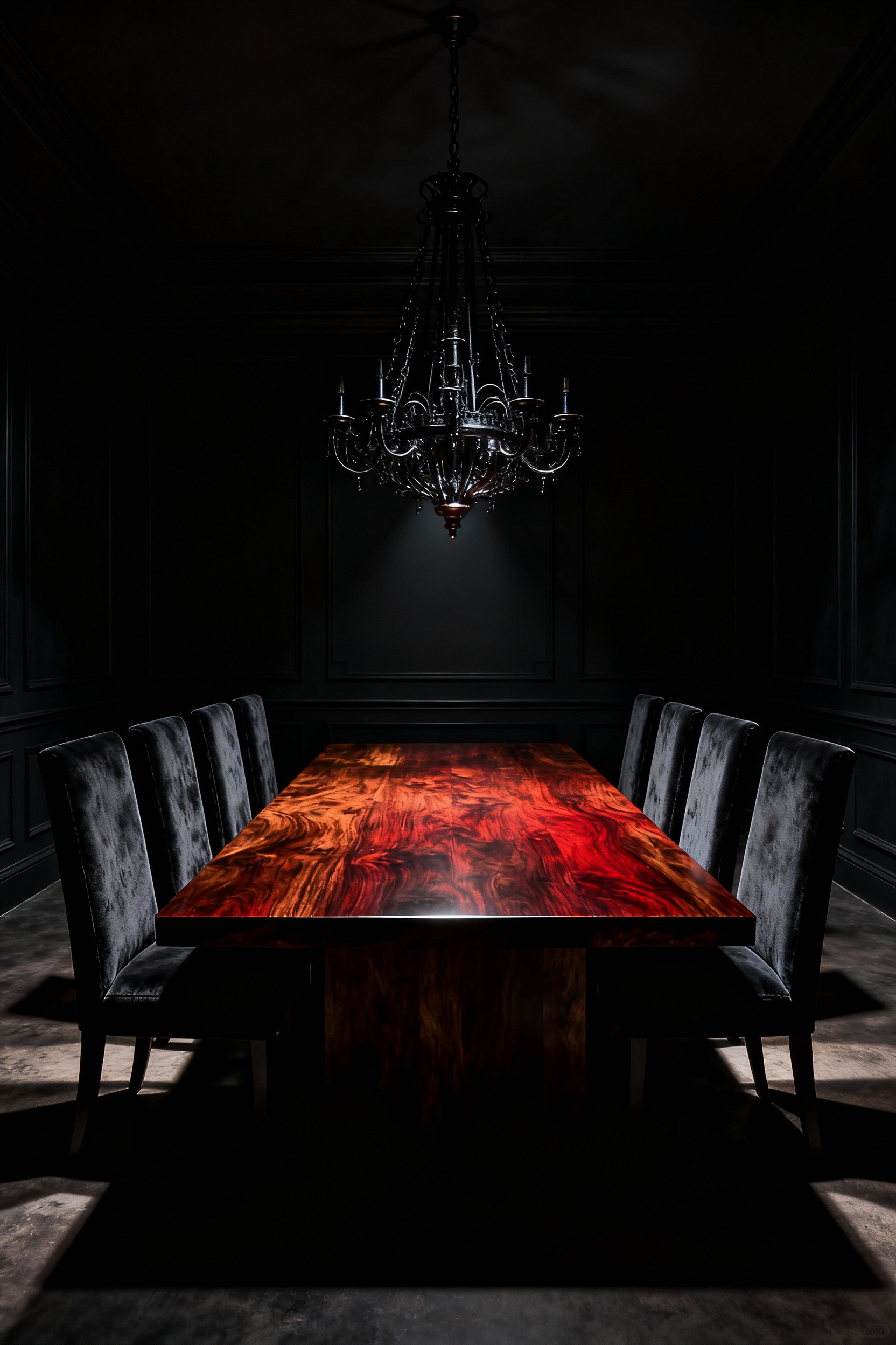 A dramatic formal dining room with matte black walls anchored by a large, substantial dark walnut wood table under moody chandelier lighting.