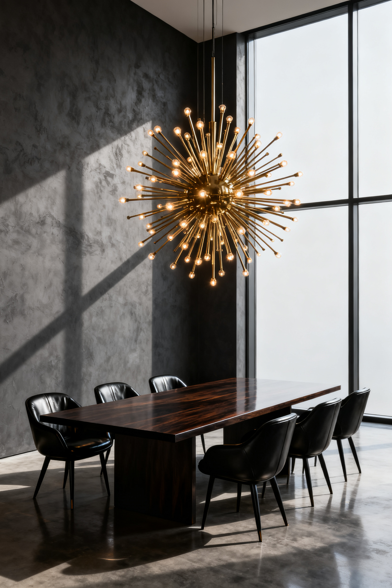A dramatic modern dining room featuring a large, brass Sputnik chandelier suspended over a dark wood table, highlighting the fixture's sculptural starburst design against charcoal walls.
