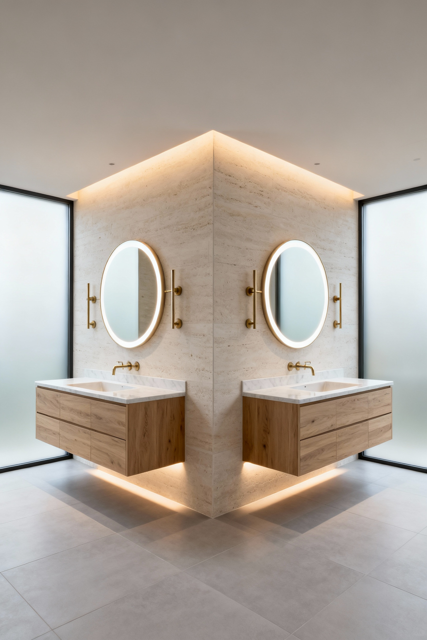 A photograph of a dual-zone primary bathroom featuring two separate floating oak vanities, honed marble countertops, and a central limestone dividing wall designed to preserve personal energy fields and minimize sensory overlap.