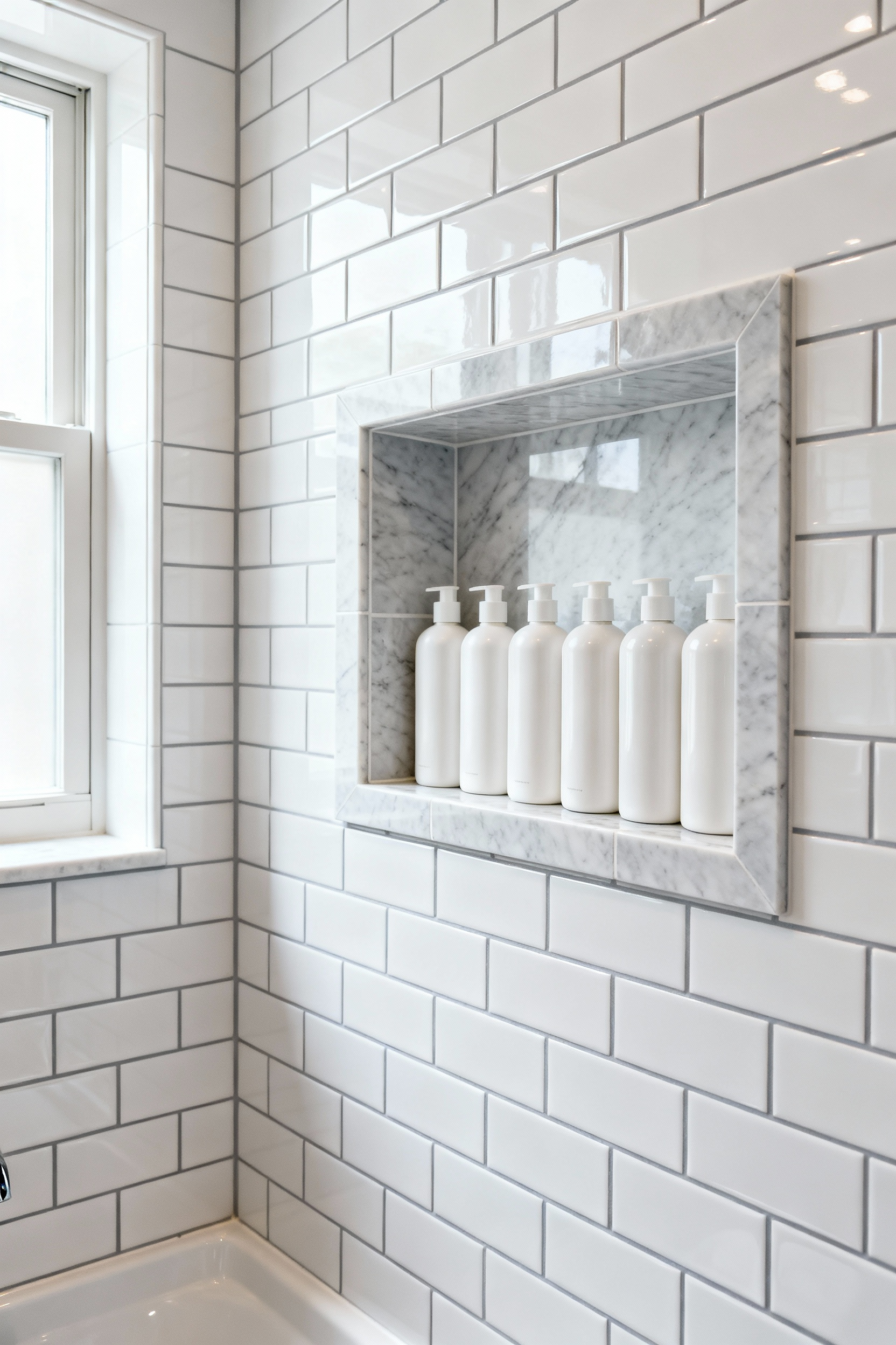 A photograph of a modern small bathroom featuring a recessed shower niche lined with gray marble and filled with standard-sized shampoo bottles, illustrating efficient use of stud bay storage space.
