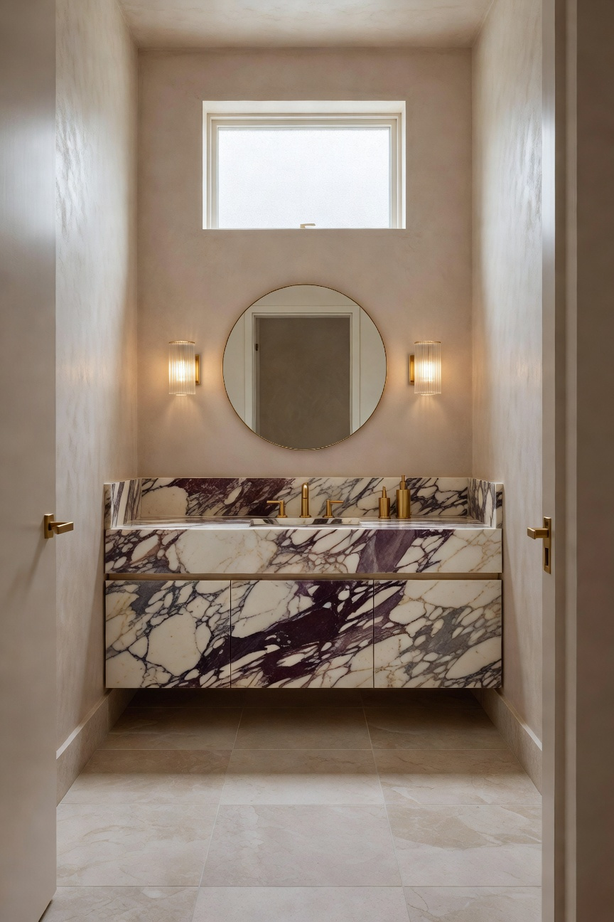 High-end small bathroom remodel featuring an exotic Calacatta Viola marble vanity top with rich purple veining and polished gold fixtures.