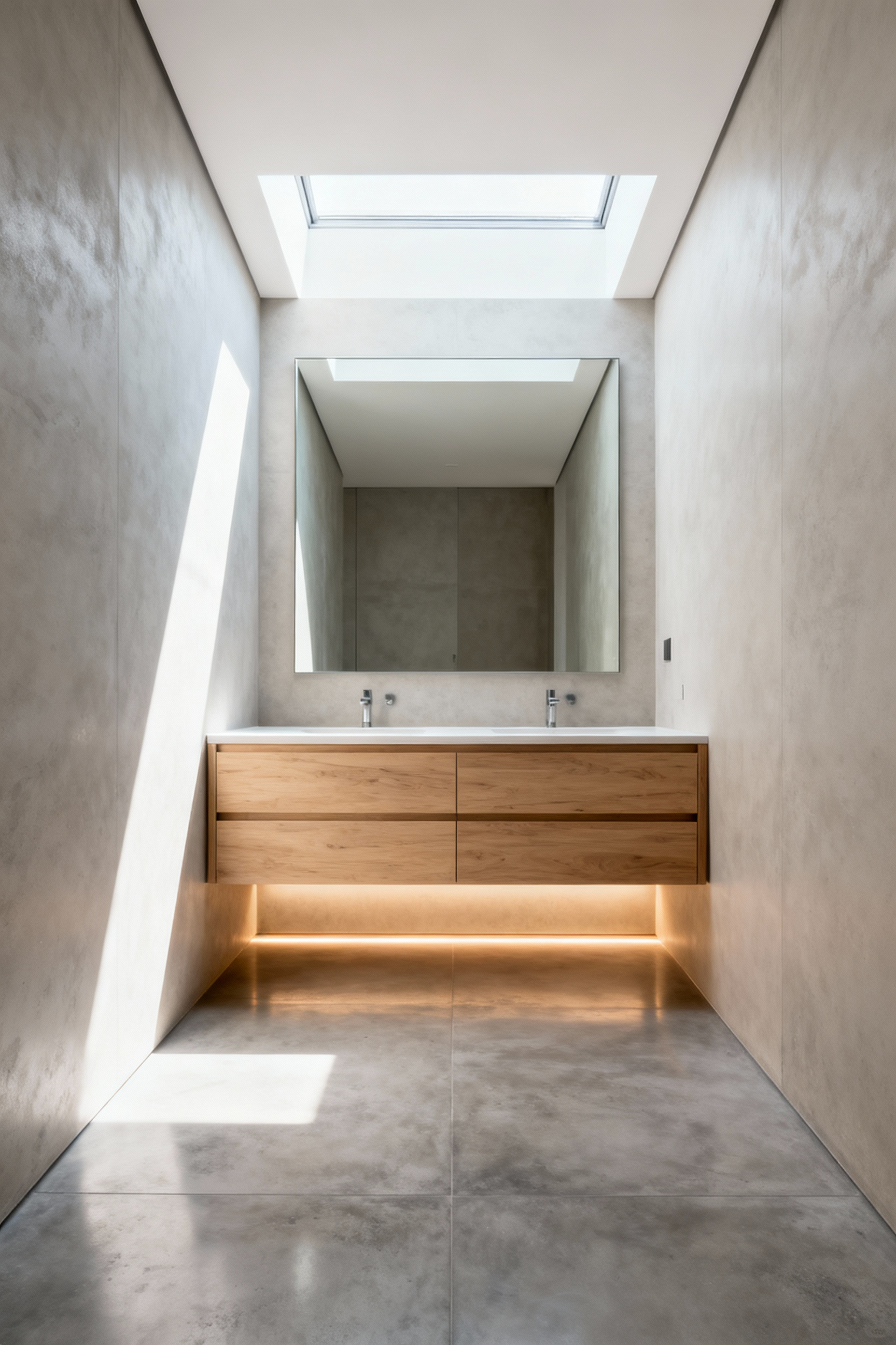 A minimalist floating light oak wood bathroom vanity that enhances spatial flow and makes a compact bathroom appear larger by showcasing uninterrupted flooring.