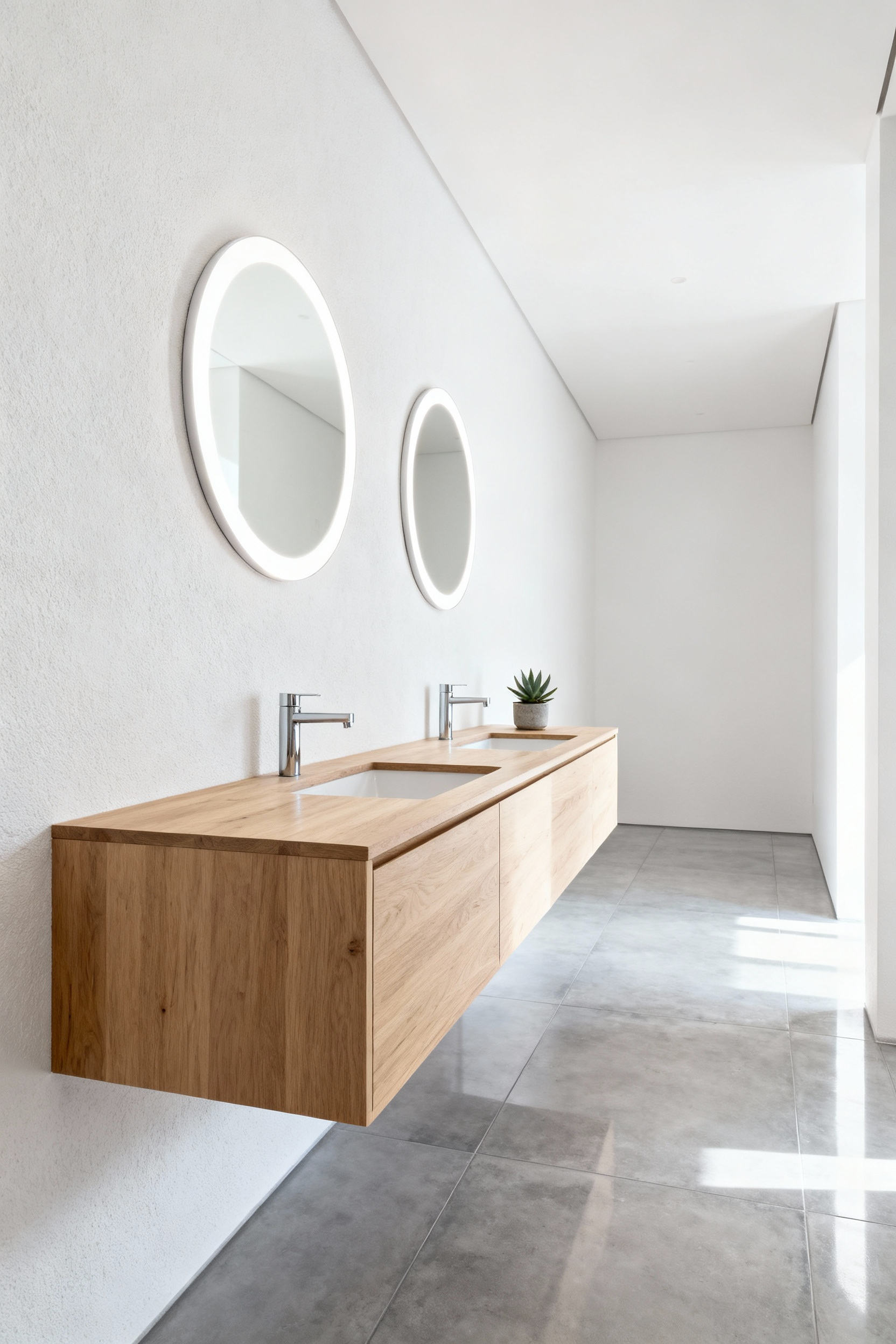 Full view of a modern bathroom featuring a floating oak double vanity and continuous polished concrete flooring, illustrating visual breathability and spatial openness.