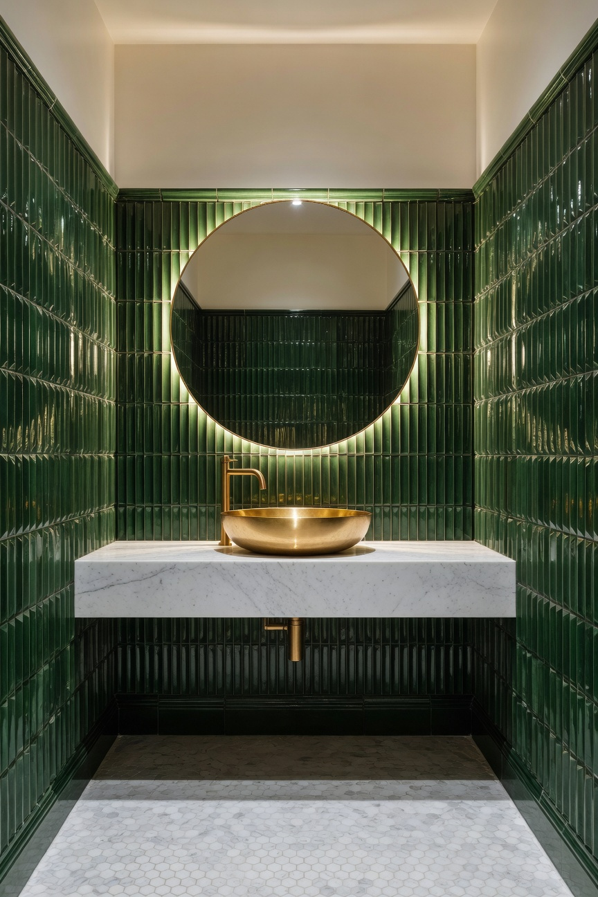 A luxury powder room featuring vertical fluted ceramic wainscoting in high-gloss green with a marble vanity and gold fixtures.