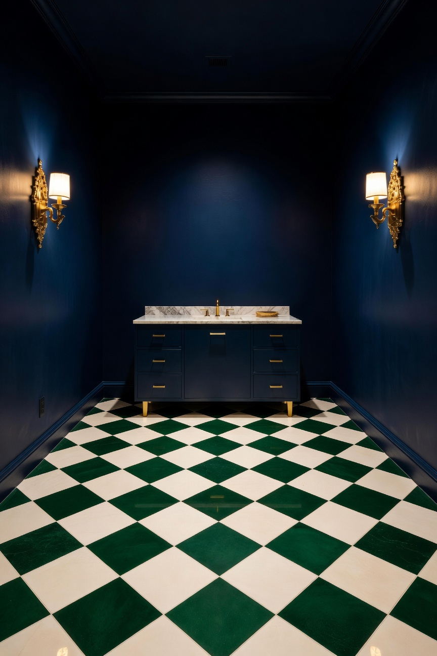 Luxury powder room featuring a forest green and cream checkerboard tile floor with gold fixtures and deep blue walls.