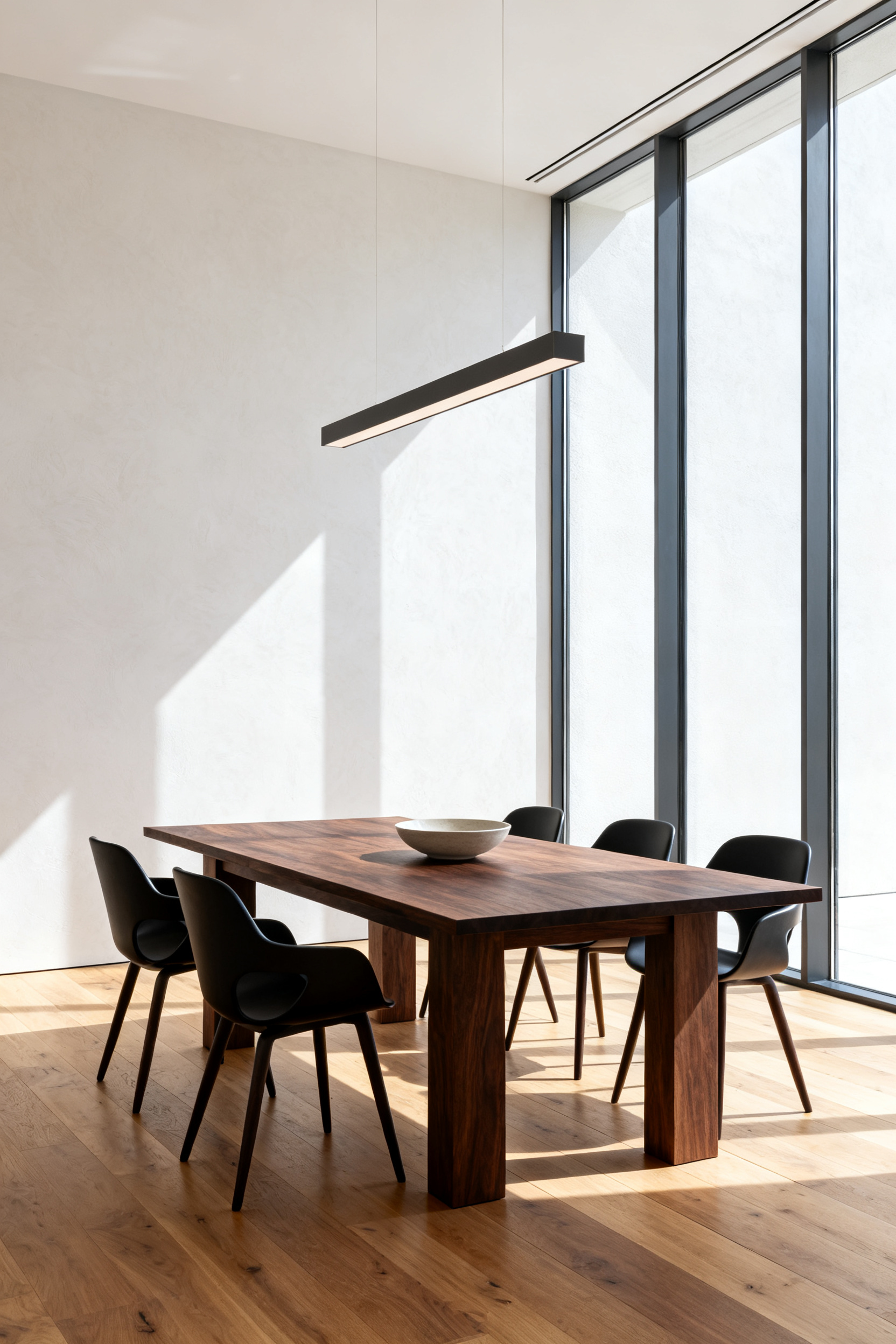 Substantial dark walnut fixed dining table surrounded by six ergonomic black chairs in a minimalist, functional modern dining room bathed in natural light.