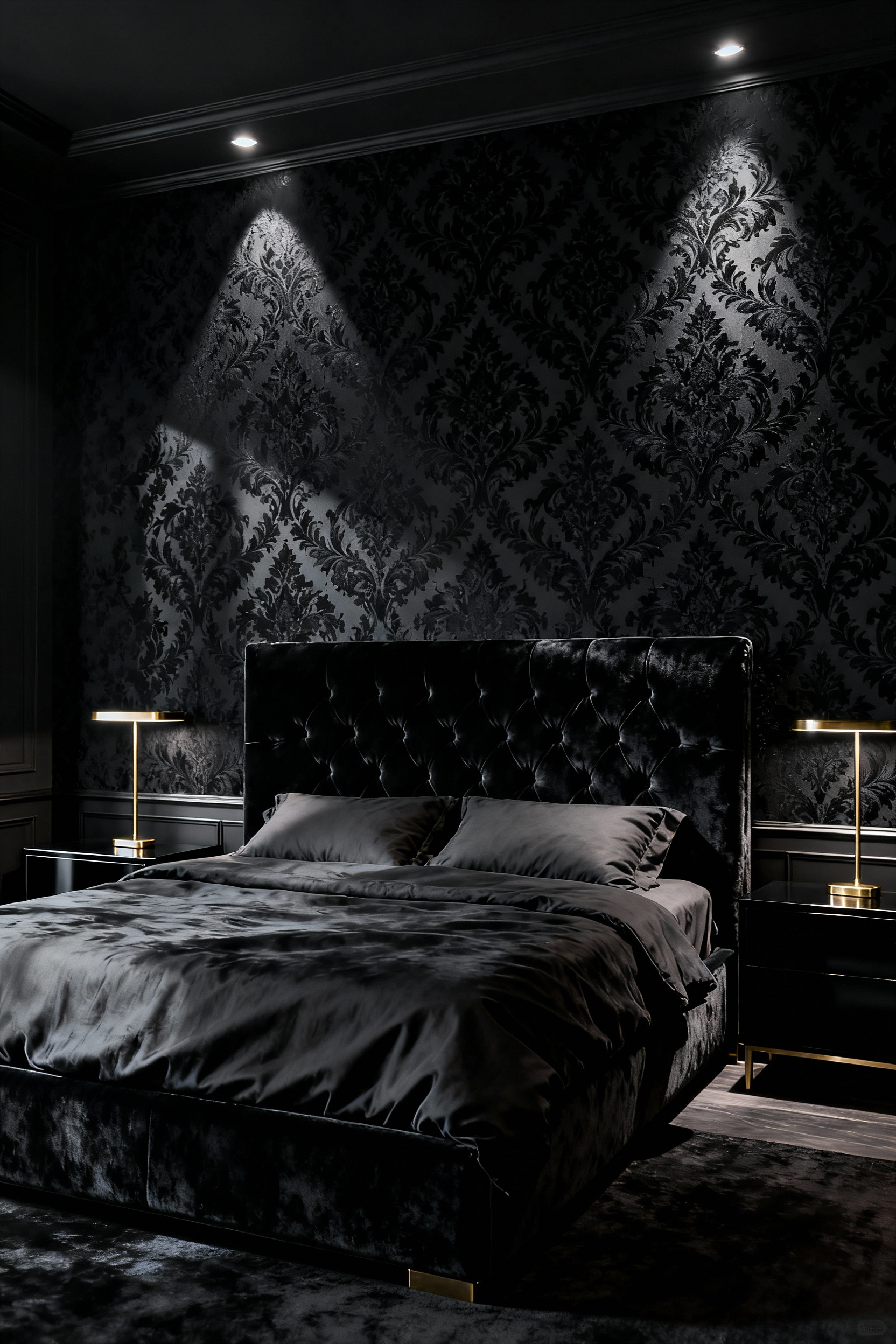 A dramatic black bedroom featuring Gothic Fusion design, showcasing matte black damask patterned wallpaper against a glossy black background, emphasizing texture and luxury.