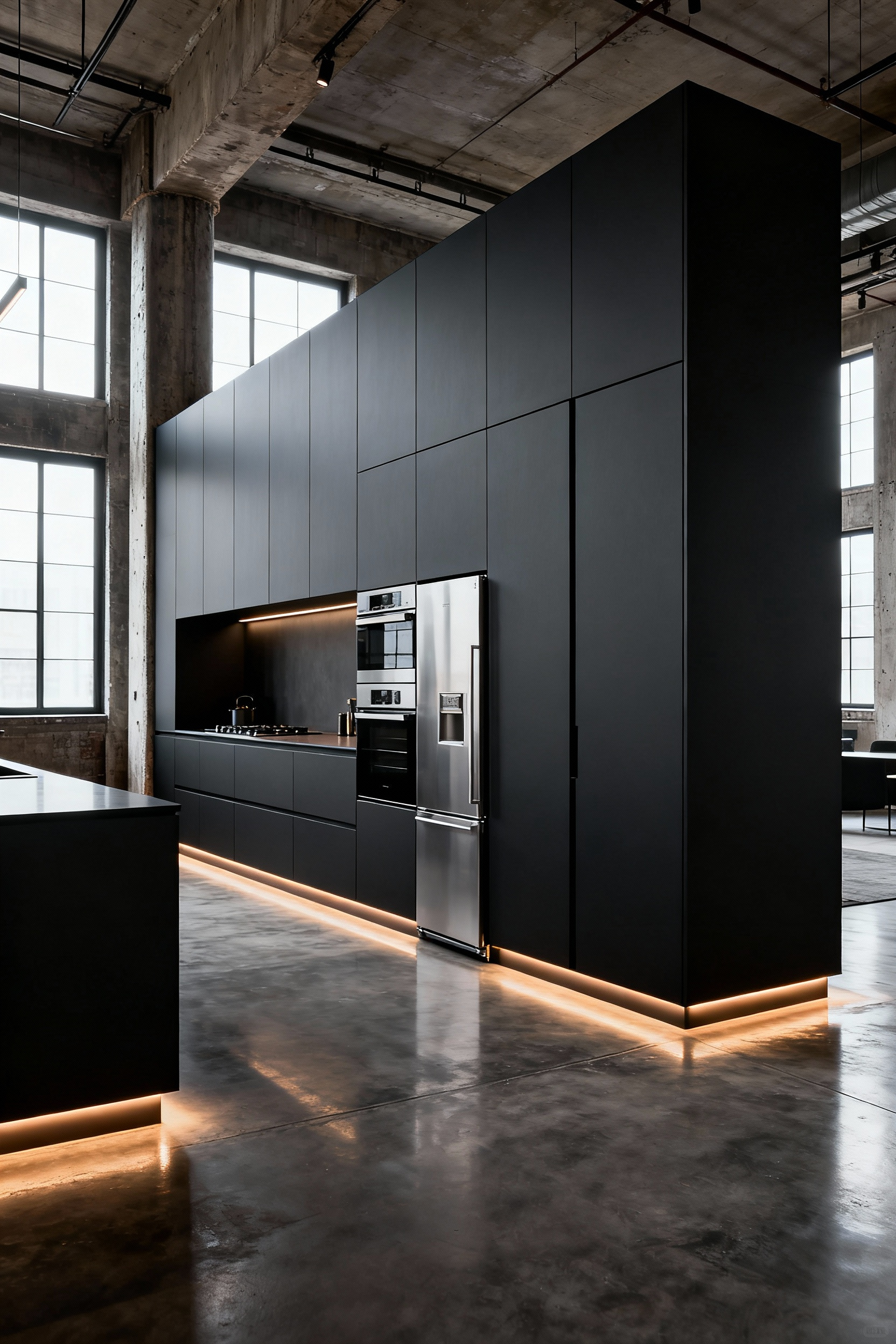 Seamless modern kitchen design featuring handleless, matte charcoal cabinetry that blends into the surrounding industrial loft architecture, illustrating the 'Un-Kitchen' philosophy of concealed appliances.