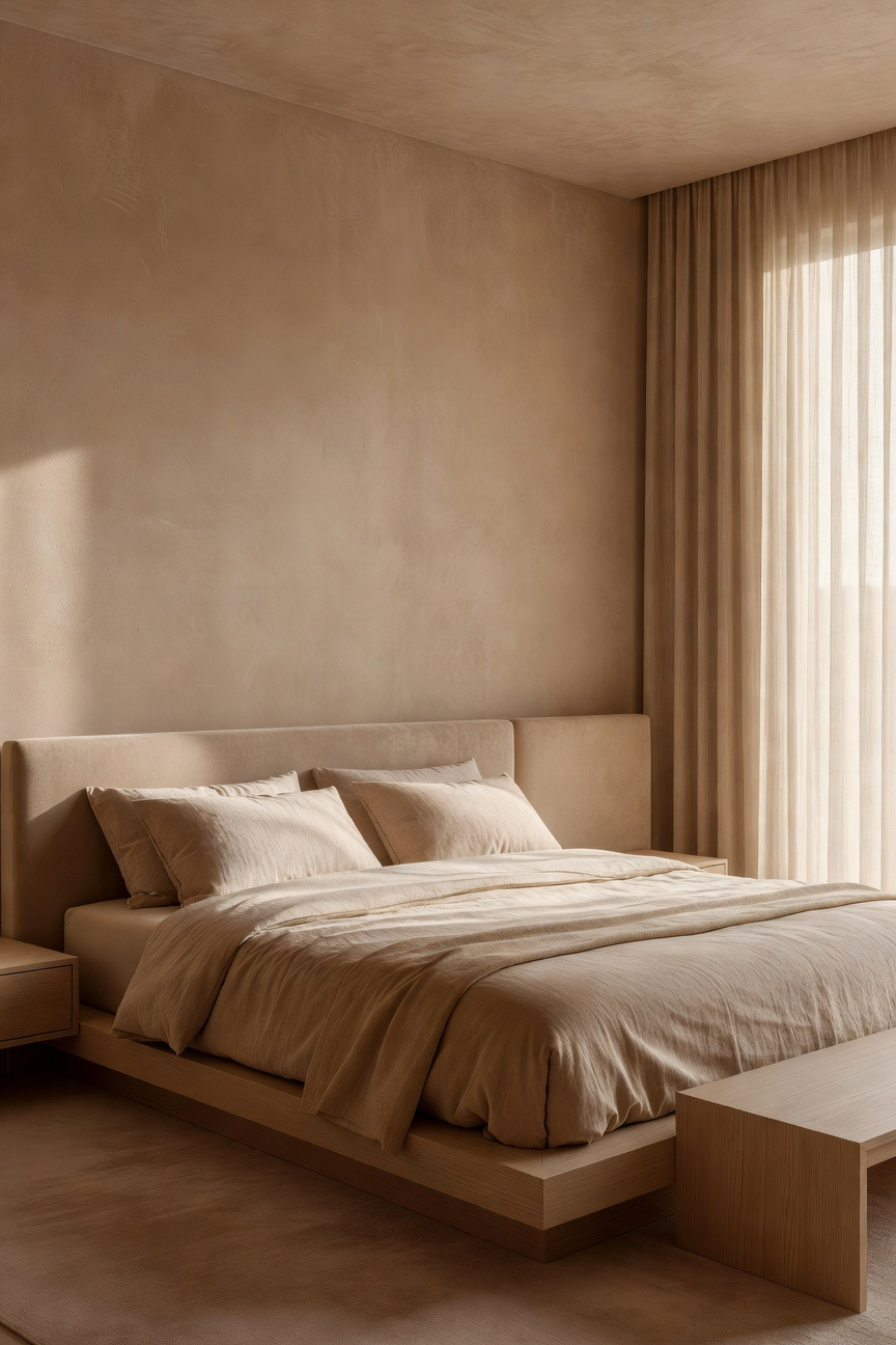 A serene minimalist bedroom interior designed with healing monochrome earth tones and soft natural lighting to create a restorative atmosphere.
