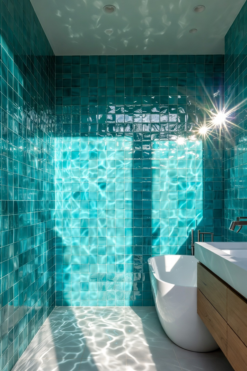 A modern coastal bathroom featuring walls of highly reflective high-gloss turquoise subway tiles, expertly catching directional sunlight to create a shimmering water effect that visually expands the room's depth.