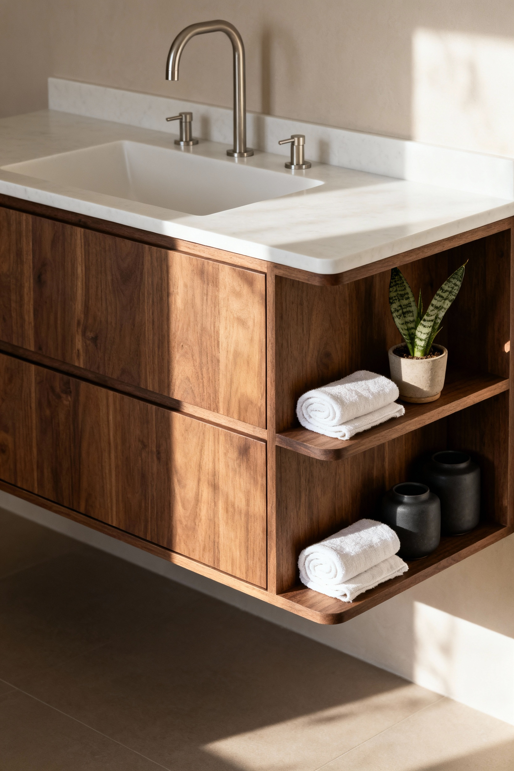 Hybrid walnut bathroom vanity design with open shelving displaying a potted plant and folded towels next to hidden drawer storage creating a sanctuary aesthetic.