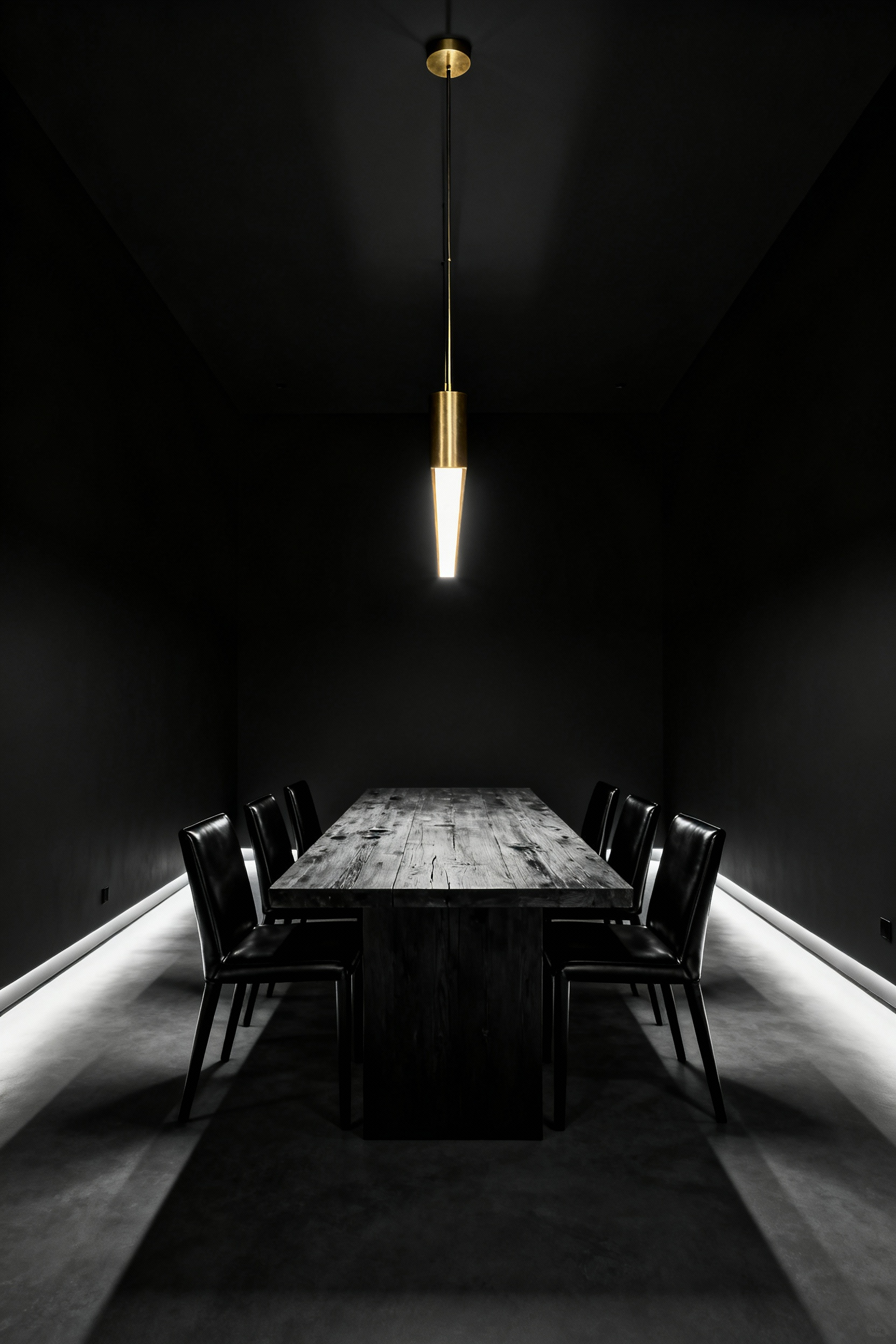 A dramatic modern dining room featuring the Infinity Ceiling technique, where matte black walls and the ceiling dissolve the room's boundaries, illuminated by a linear brass chandelier over a natural wood table.