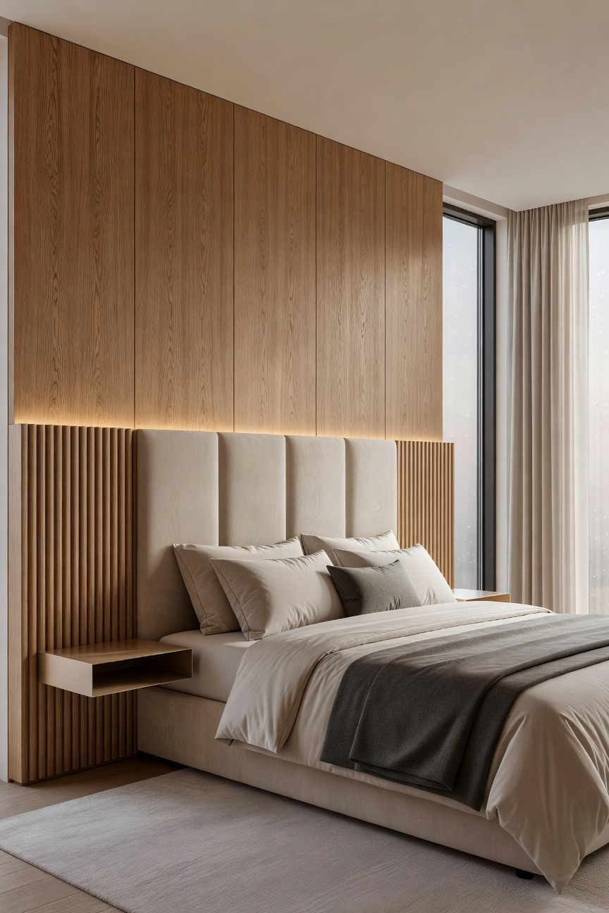 A modern luxury bedroom featuring a seamless wall-to-wall integrated wood and fabric headboard with built-in floating nightstands and soft ambient lighting.