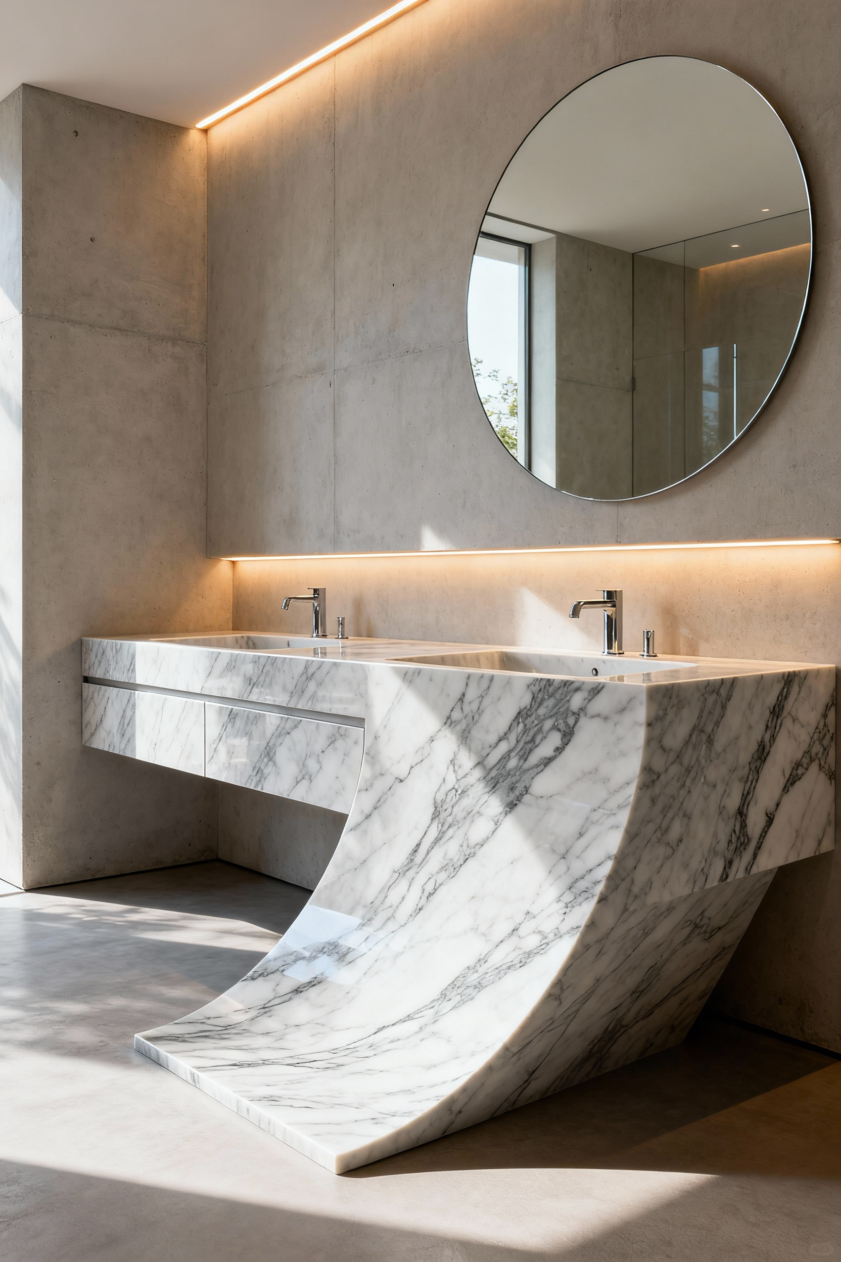 Seamless integrated ramp sink vanity crafted from a monolithic block of white Carrara marble in a luxury minimalist bathroom setting.