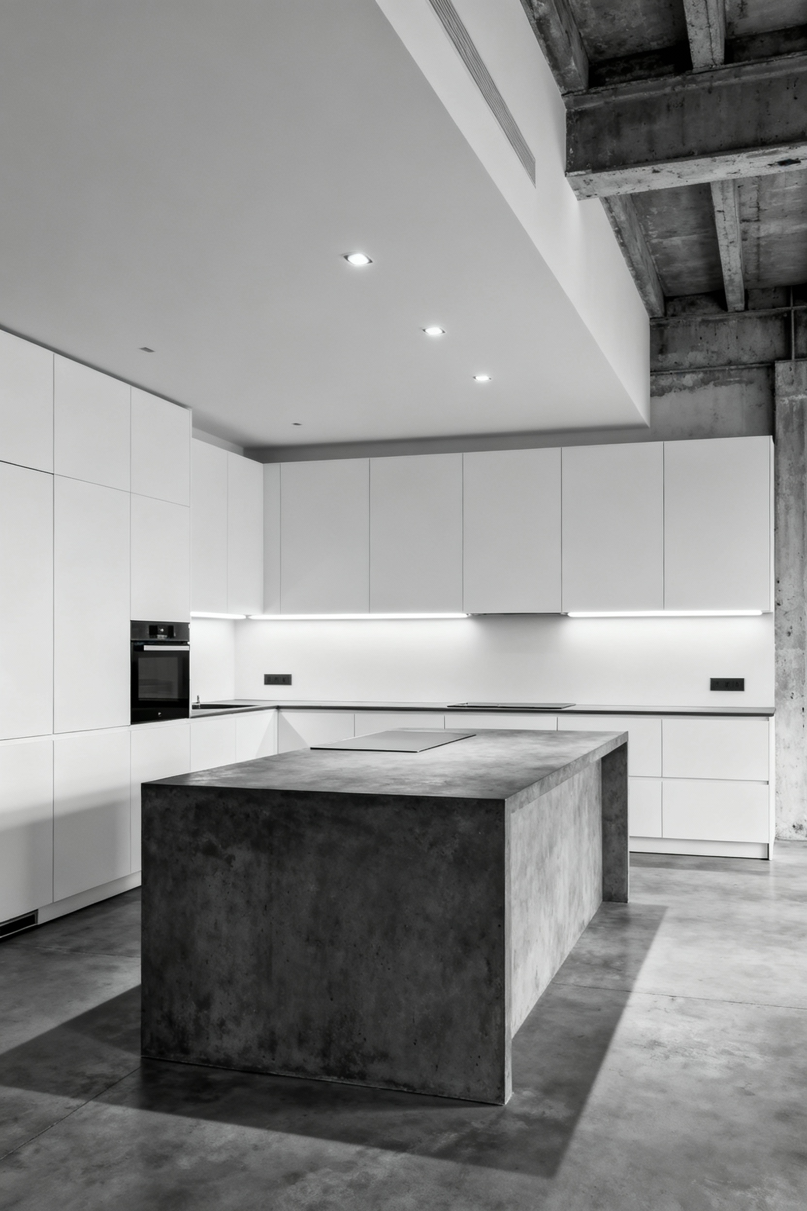 A modern industrial kitchen featuring crisp white cabinetry illuminated by uniform, neutral-to-cool under-cabinet LED lighting set to approximately 3750 Kelvin, emphasizing a functional, daylight atmosphere in the open loft space.