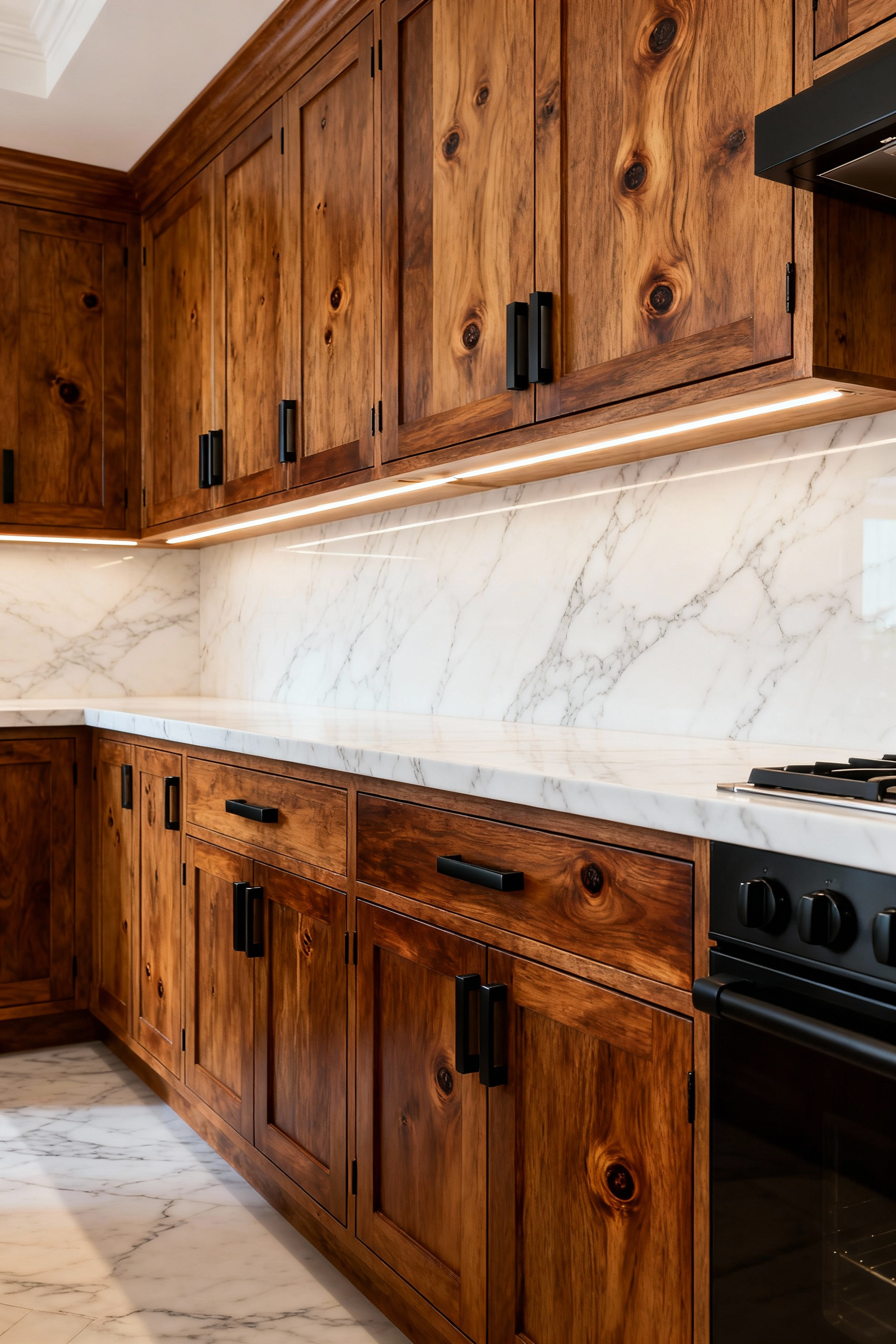 Rustic kitchen cabinets made of glazed Knotty Alder wood, showcasing intentional dark stain collection in the knots for a refined, modern look in a high-end transitional kitchen setting.
