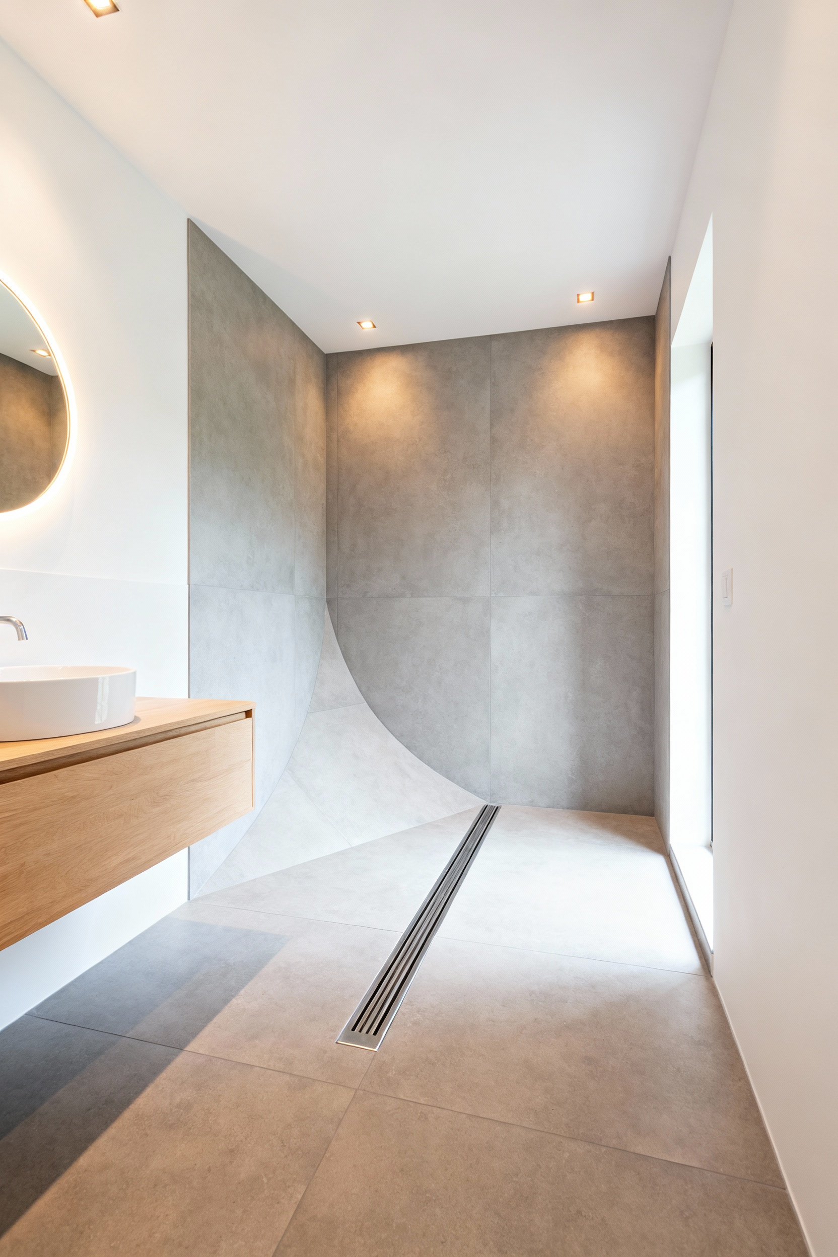 A modern small wet room bathroom layout showing continuous large format light gray tiles flowing seamlessly into the shower area, facilitated by a discreet linear drain along the wall, emphasizing expanded floor space.