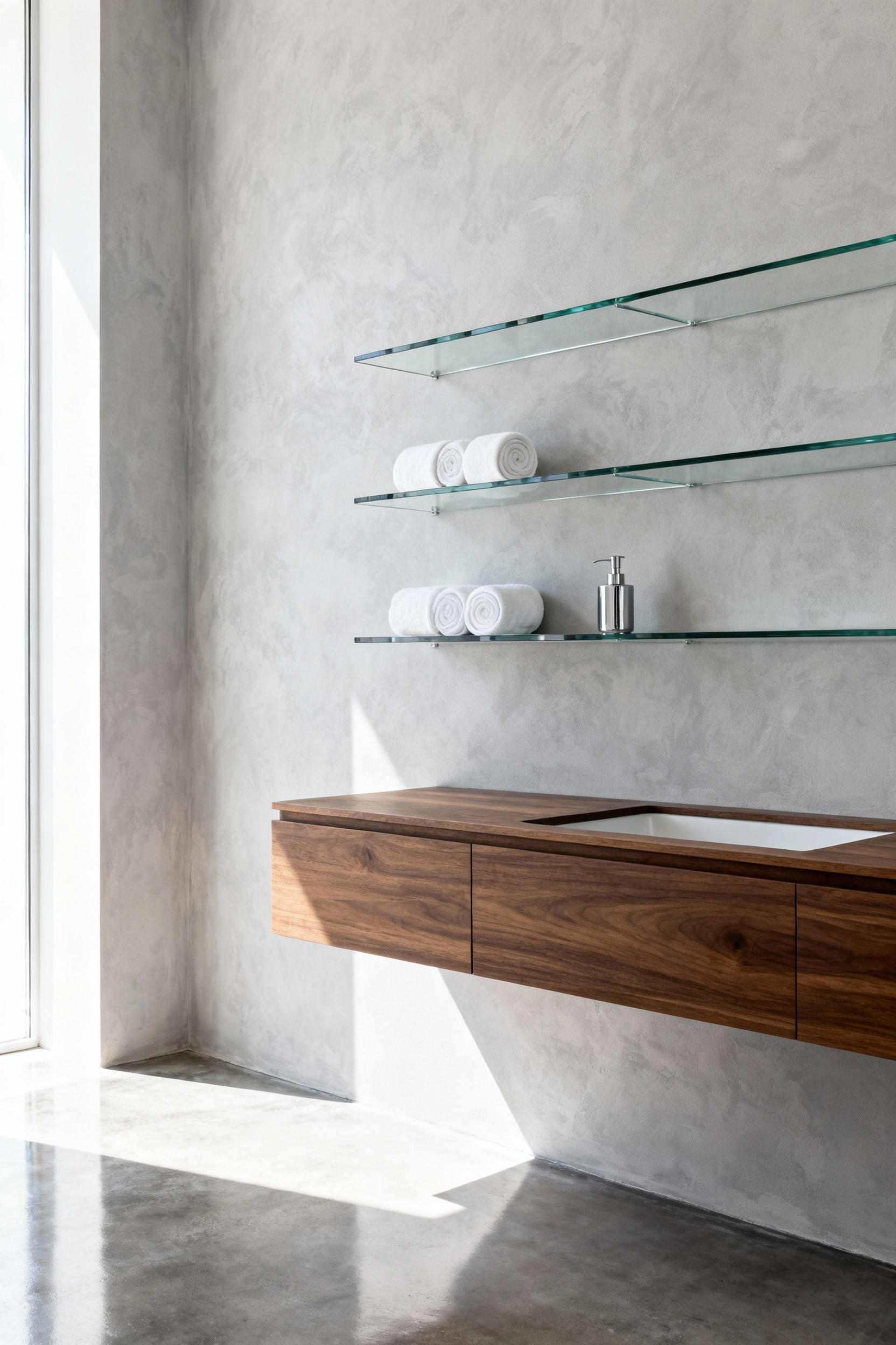 Three tiers of cantilevered shelving made from optically clear low-iron glass mounted on a gray wall in a compact modern bathroom layout designed to maximize spatial perception.