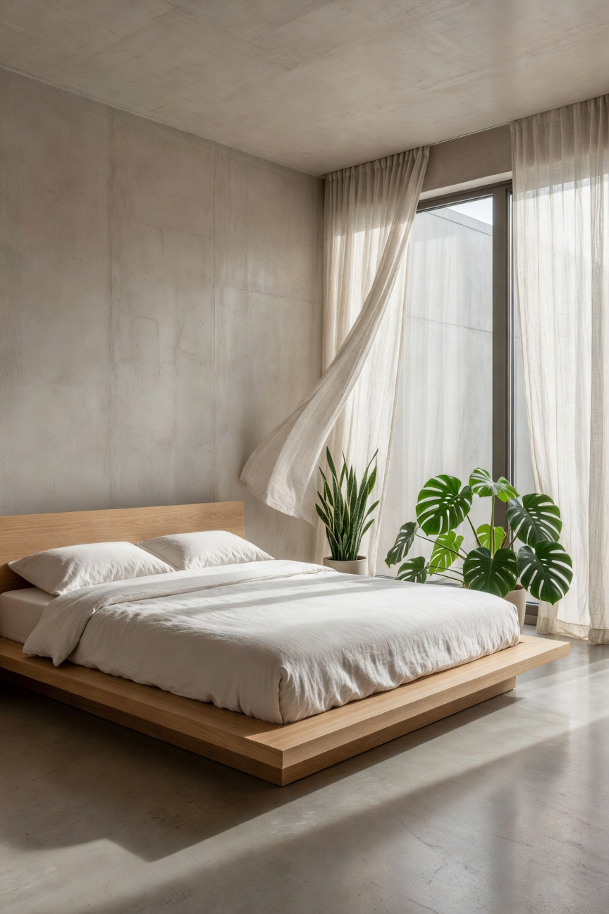 A minimalist Japandi bedroom featuring a low-profile wooden platform bed on a concrete floor next to large windows with sheer curtains and green plants.