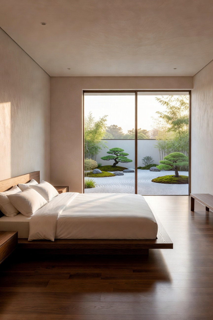 A minimalist bedroom featuring a low-profile platform bed and a single visual plane that creates an open and airy atmosphere.
