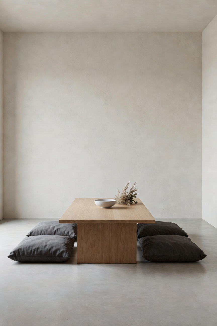 A photograph of a highly minimalistic dining room featuring a low, rectangular light oak table with charcoal linen floor cushions, emphasizing grounded, East Asian inspired design.