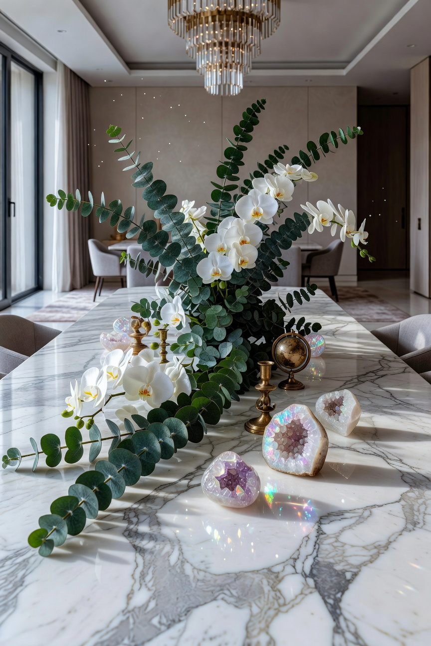 A luxurious dining room table featuring a permanent centerpiece of preserved eucalyptus, white orchids, and antique curio objects in a bright, modern room.