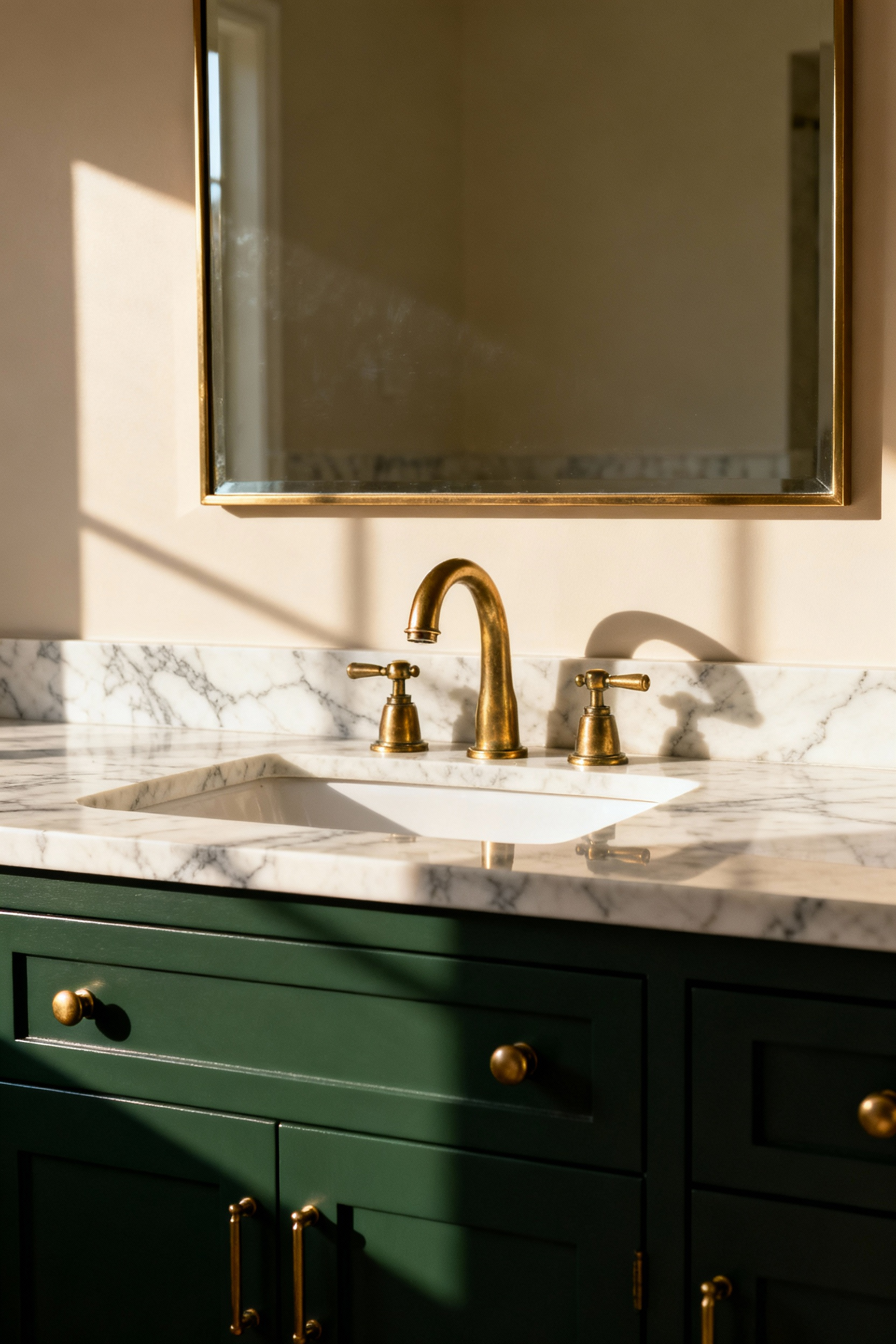 A deep forest green bathroom vanity with a white Calacatta marble countertop, showcasing unlacquered brass widespread faucet and matching cabinet hardware, highlighted by warm natural light.