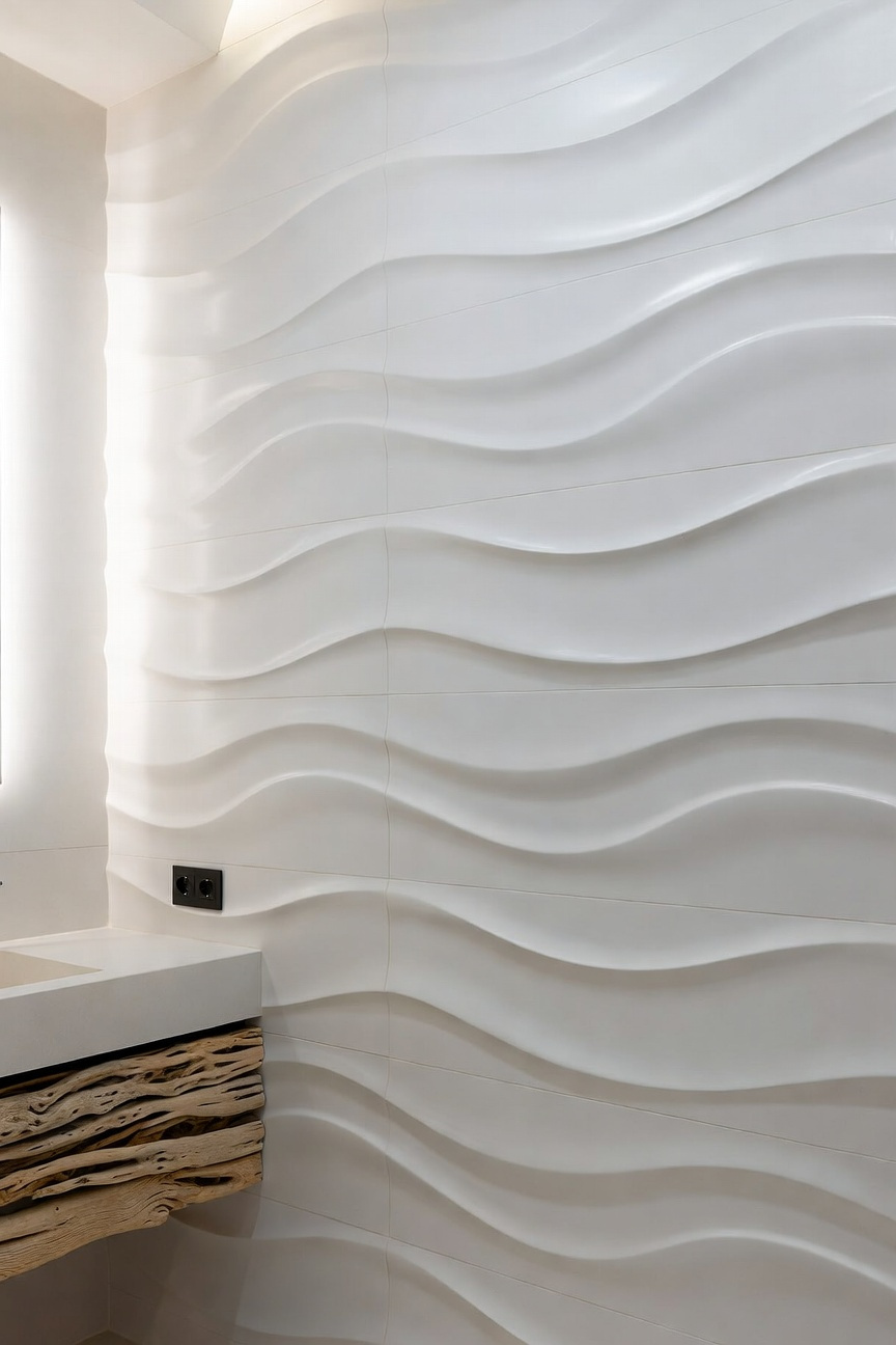 High-end monochromatic coastal bathroom featuring a wall clad in matte white, 3D-sculpted ceramic tiles that resemble sea foam texture, highlighted by indirect architectural lighting.