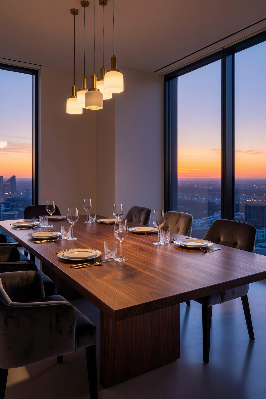 A luxurious solid wood extendable dining room table in a modern minimalist home with floor-to-ceiling windows and designer lighting.