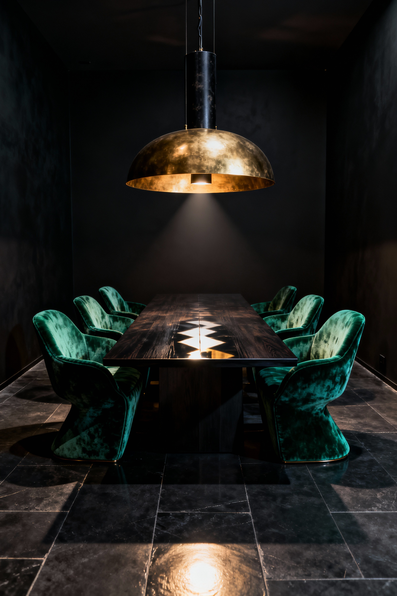 A moody, high-contrast dining room featuring deep matte black walls and flooring. The space is furnished with a dark polished table and plush, emerald green velvet dining chairs that create crisp, light-catching sculptural silhouettes.