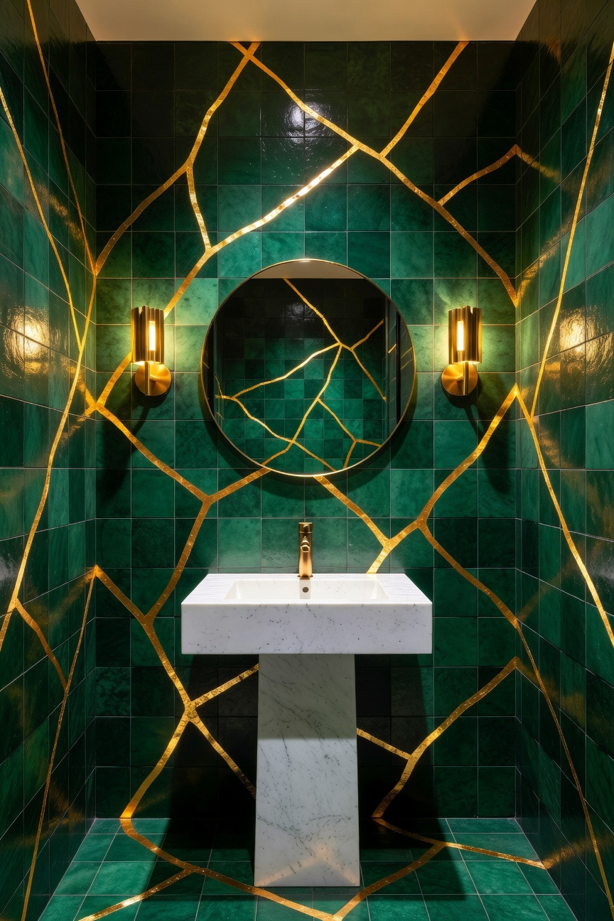 A luxury windowless powder room featuring deep green tiles with glowing 24-karat gold Kintsugi-style grout.