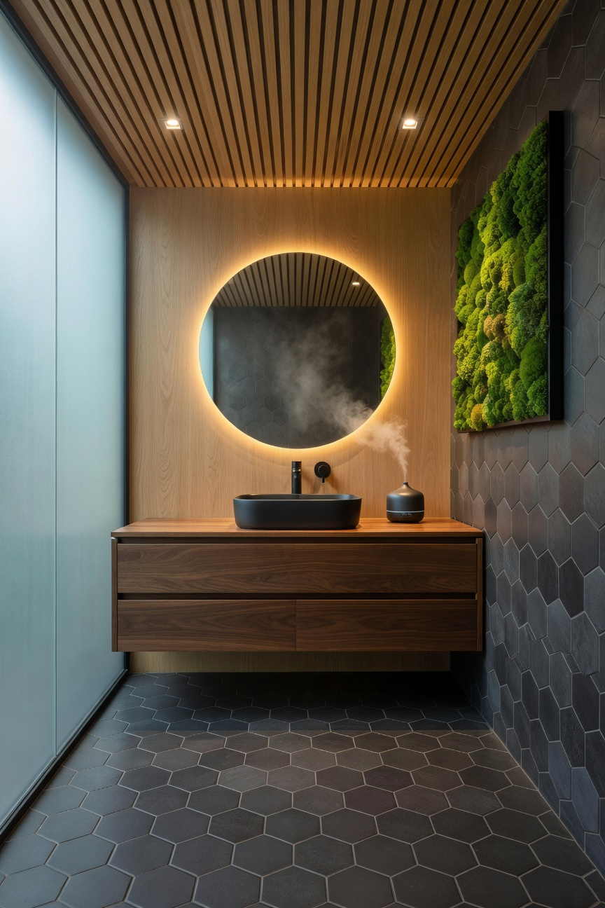 A luxury small bathroom remodel featuring acoustic wood ceiling slats, a modern floating vanity, and a gentle mist from an essential oil diffuser under warm ambient lighting.