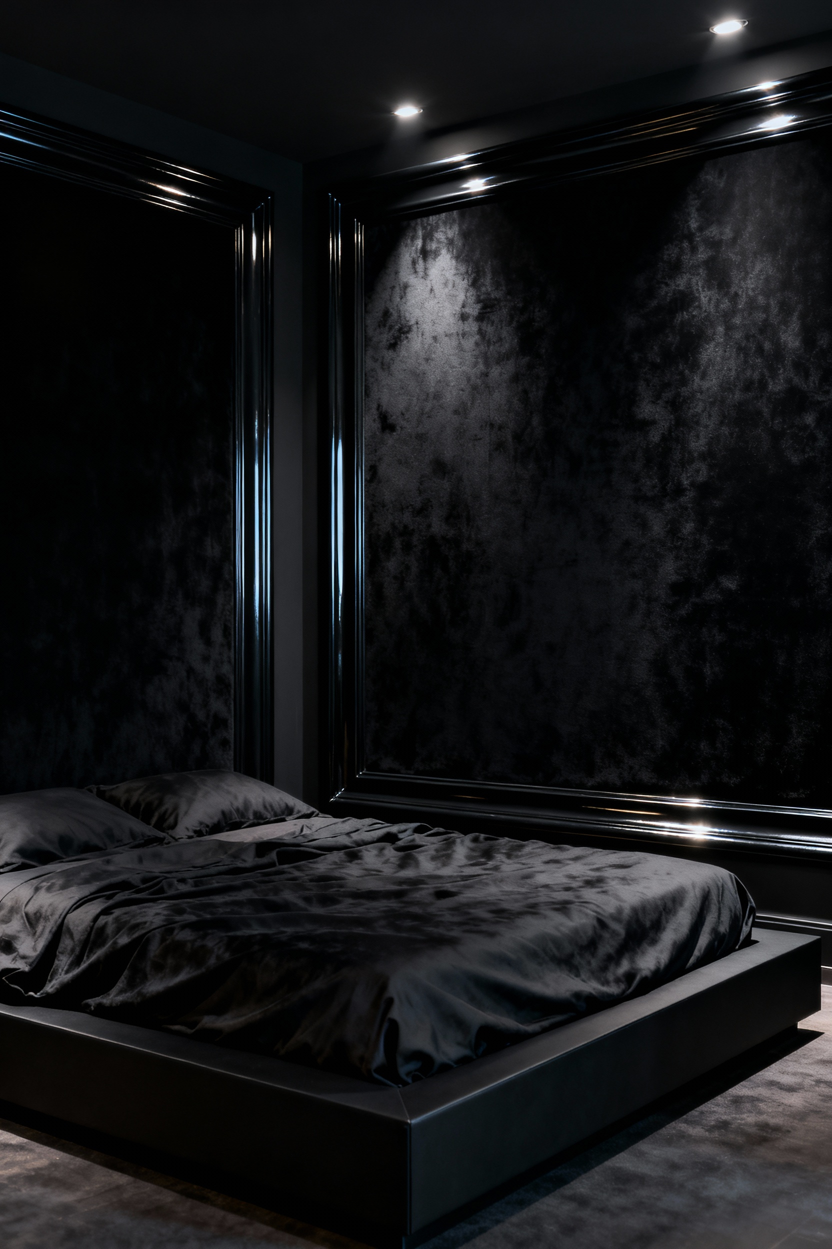 Matte black bedroom wall contrasted with high-gloss black architectural trim, illustrating a deep, non-reflective cocoon aesthetic suitable for promoting sleep and relaxation.