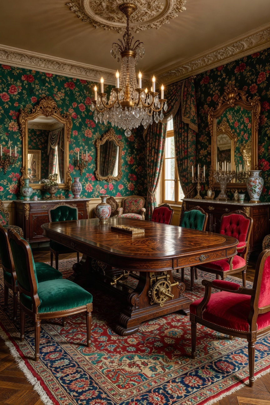 A large hand-carved flame mahogany dining table in a vibrant maximalist room with floral wallpaper and a crystal chandelier.