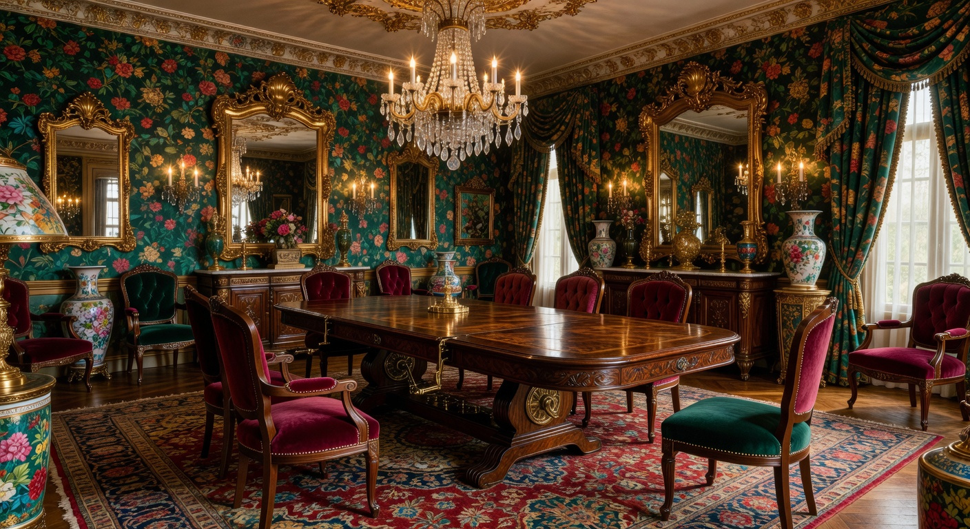 A large hand-carved flame mahogany dining table in a vibrant maximalist room with floral wallpaper and a crystal chandelier.