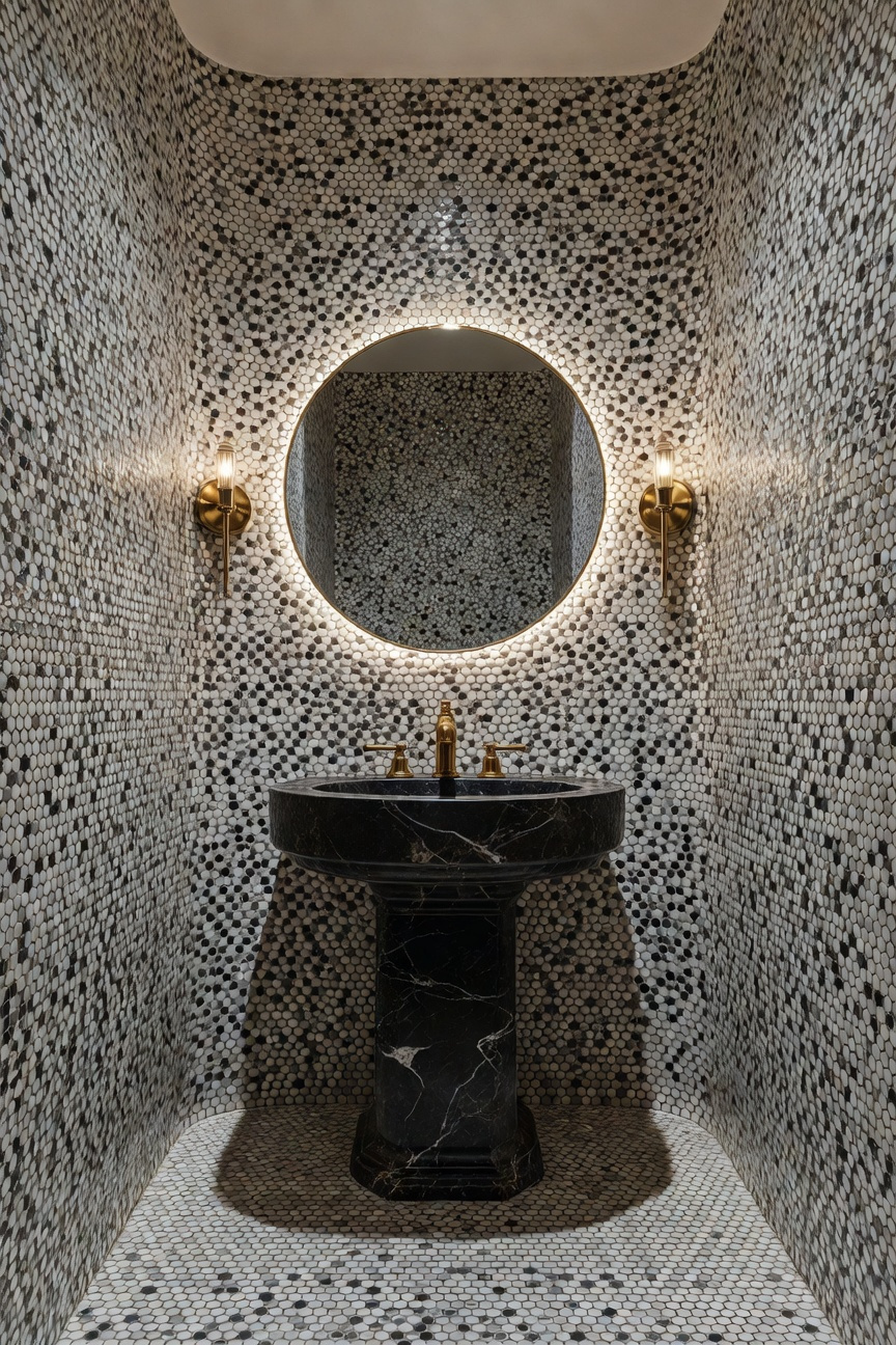 A maximalist powder room featuring white micro-penny round tiles with dark high-contrast grout, a black marble pedestal sink, and gold fixtures.