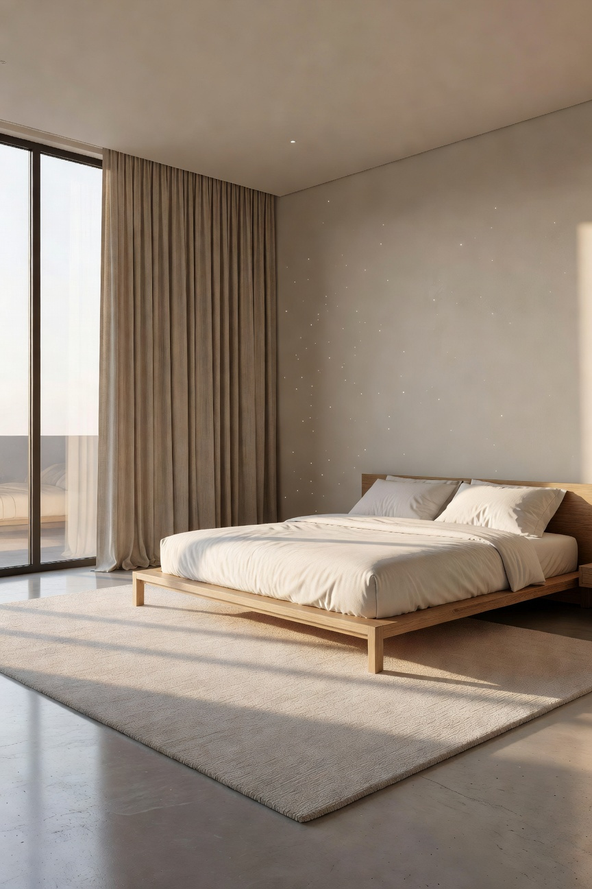 A minimalist bedroom with large linen curtains and a thick area rug designed to reduce echo and create a quiet atmosphere.