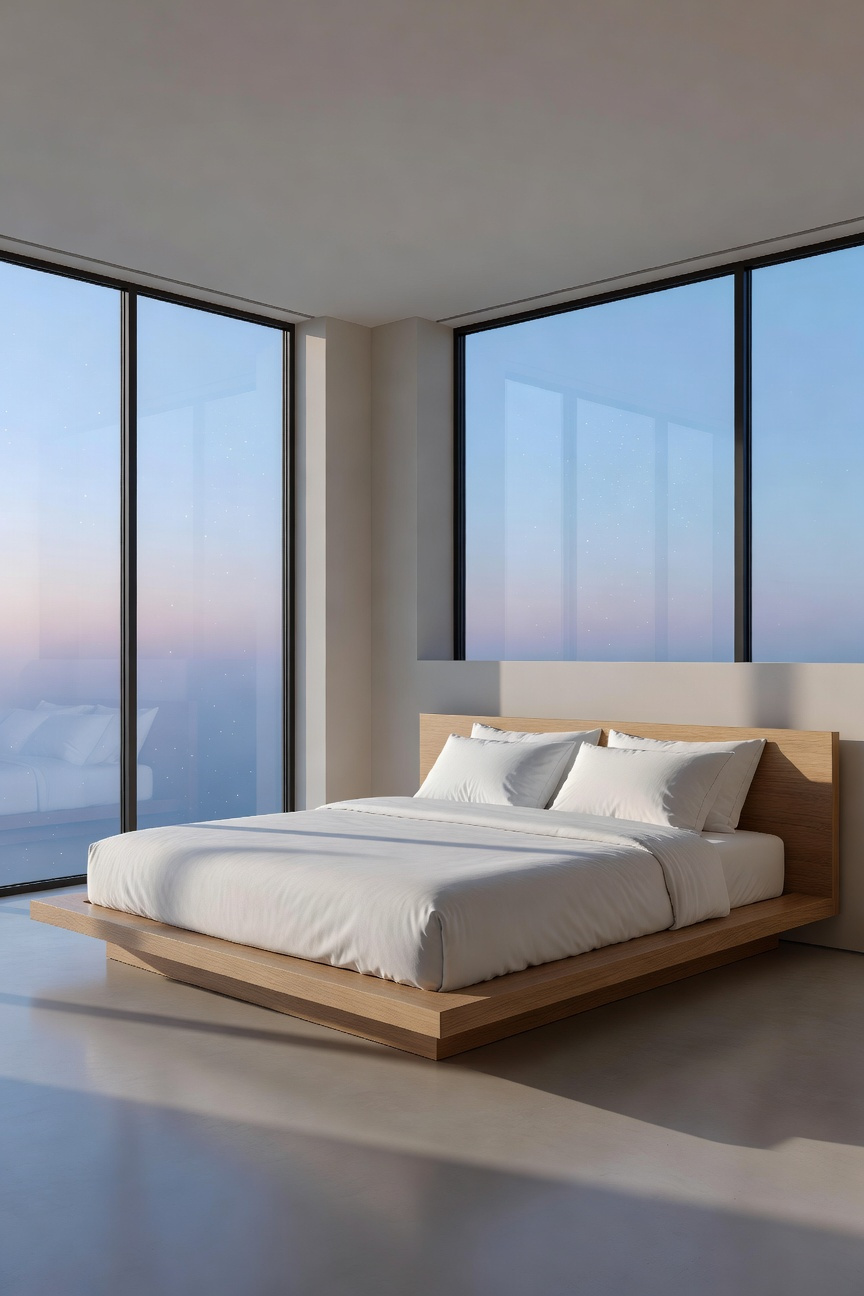 A modern minimalist bedroom featuring a platform bed and large windows filled with soft blue morning light.