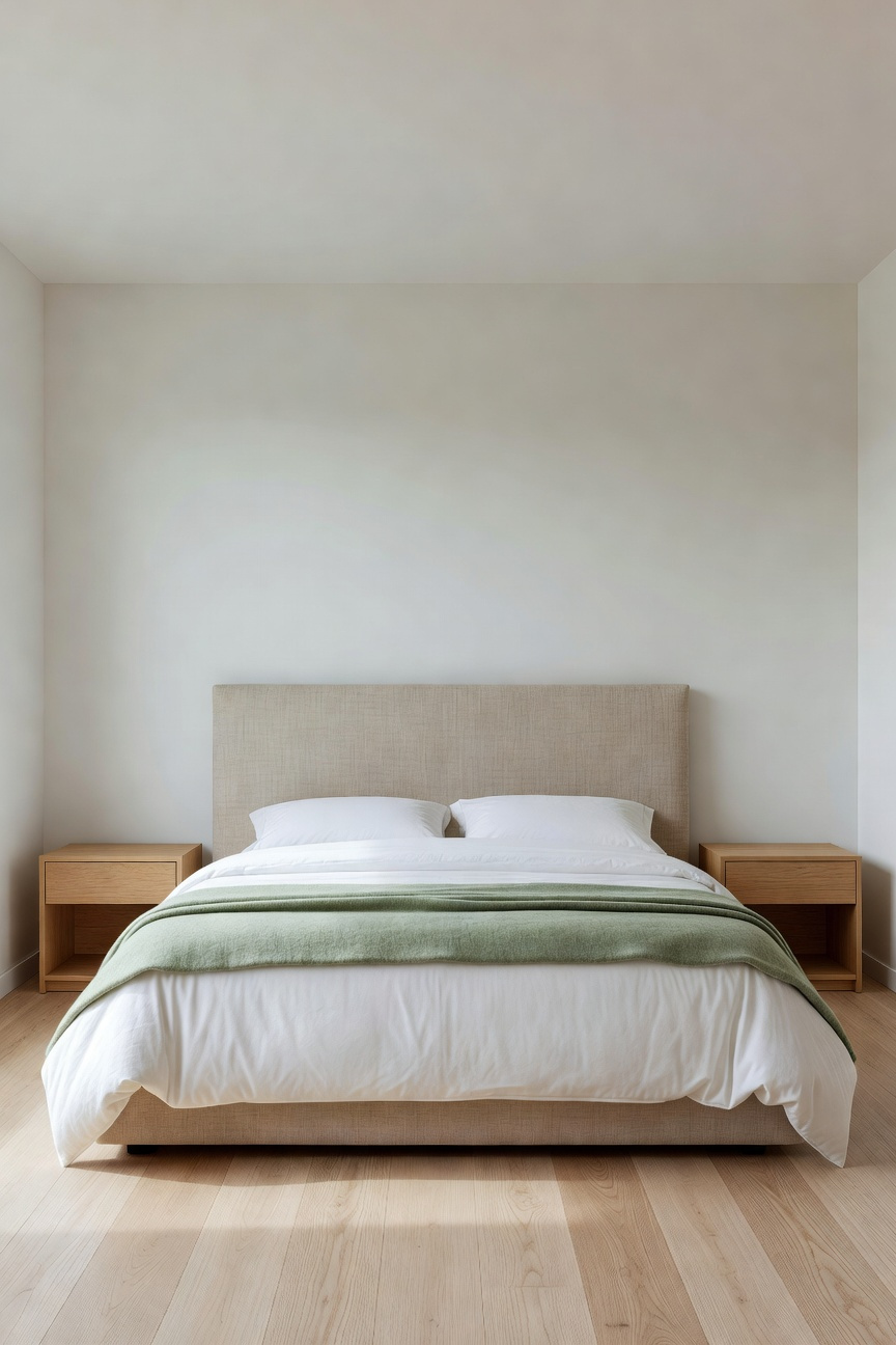 A wide-angle view of a minimalist bedroom featuring a textured linen headboard as a central focal point to create a sense of calm.