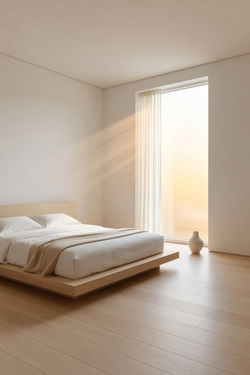 A spacious and serene minimalist bedroom with white bedding and soft morning light streaming through large windows.