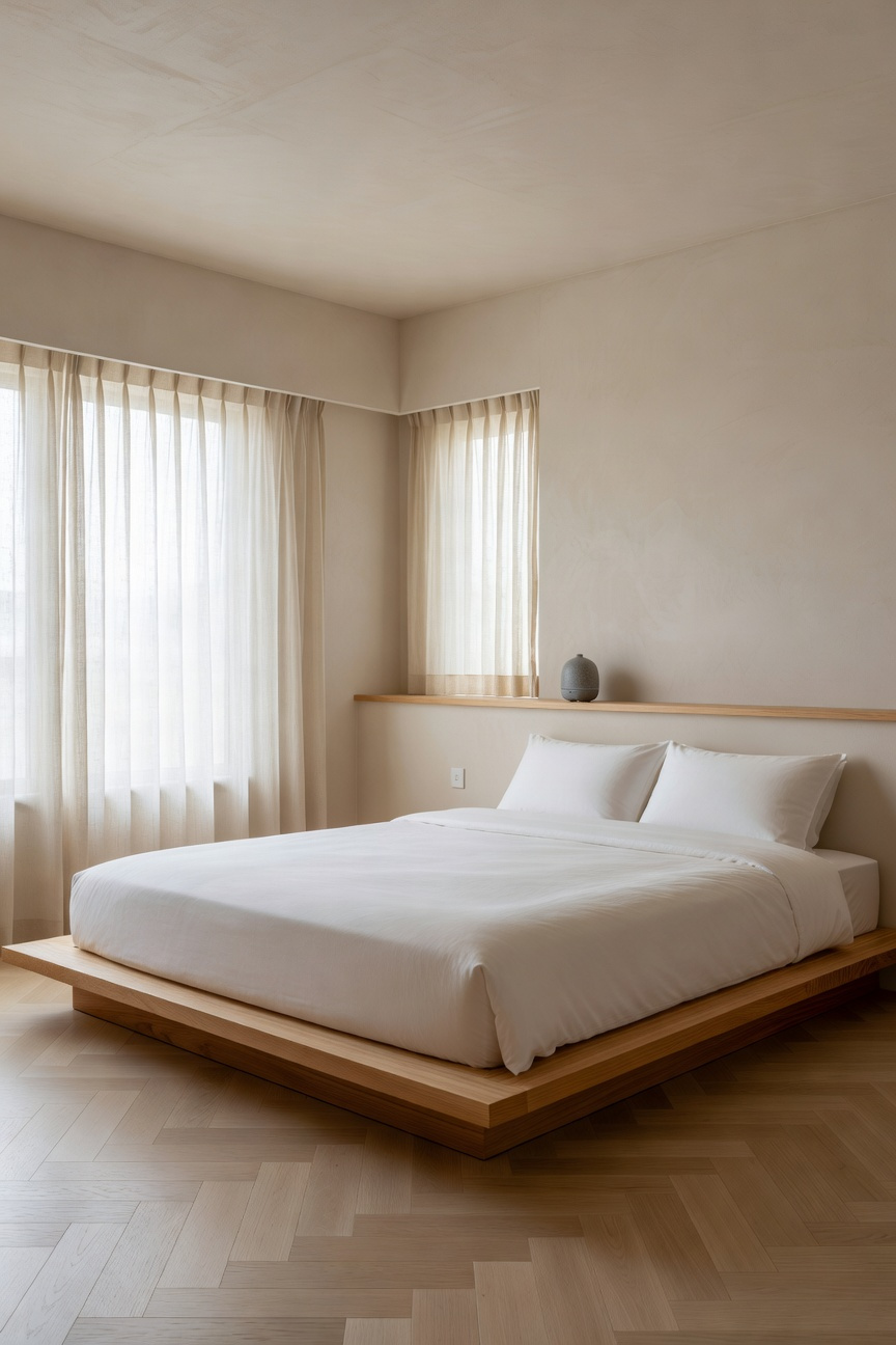 A bright minimalist bedroom featuring a wooden platform bed and a subtle scent diffuser in a serene environment.