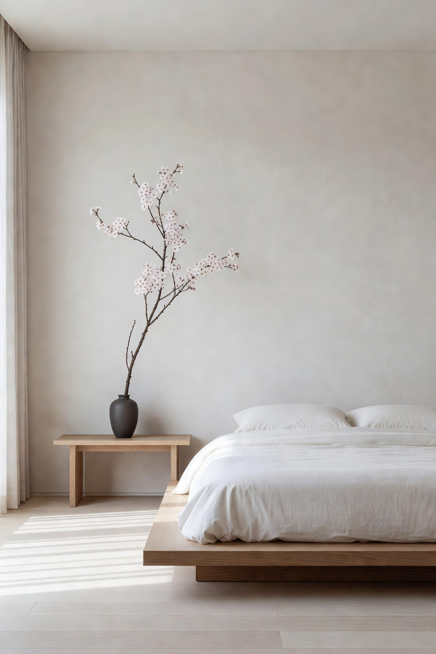 A minimalist bedroom design featuring a single architectural branch in a vase as a biophilic accent against a large blank wall.