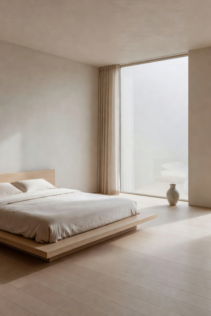 A serene minimalist bedroom with a low platform bed and ample open floor space to represent the Japanese concept of Ma.