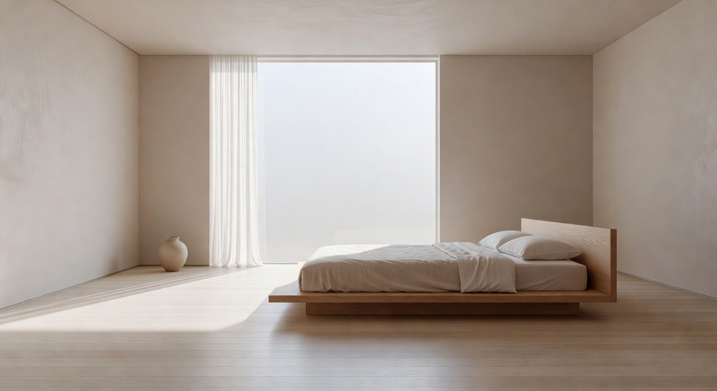 A serene minimalist bedroom with a low platform bed and ample open floor space to represent the Japanese concept of Ma.